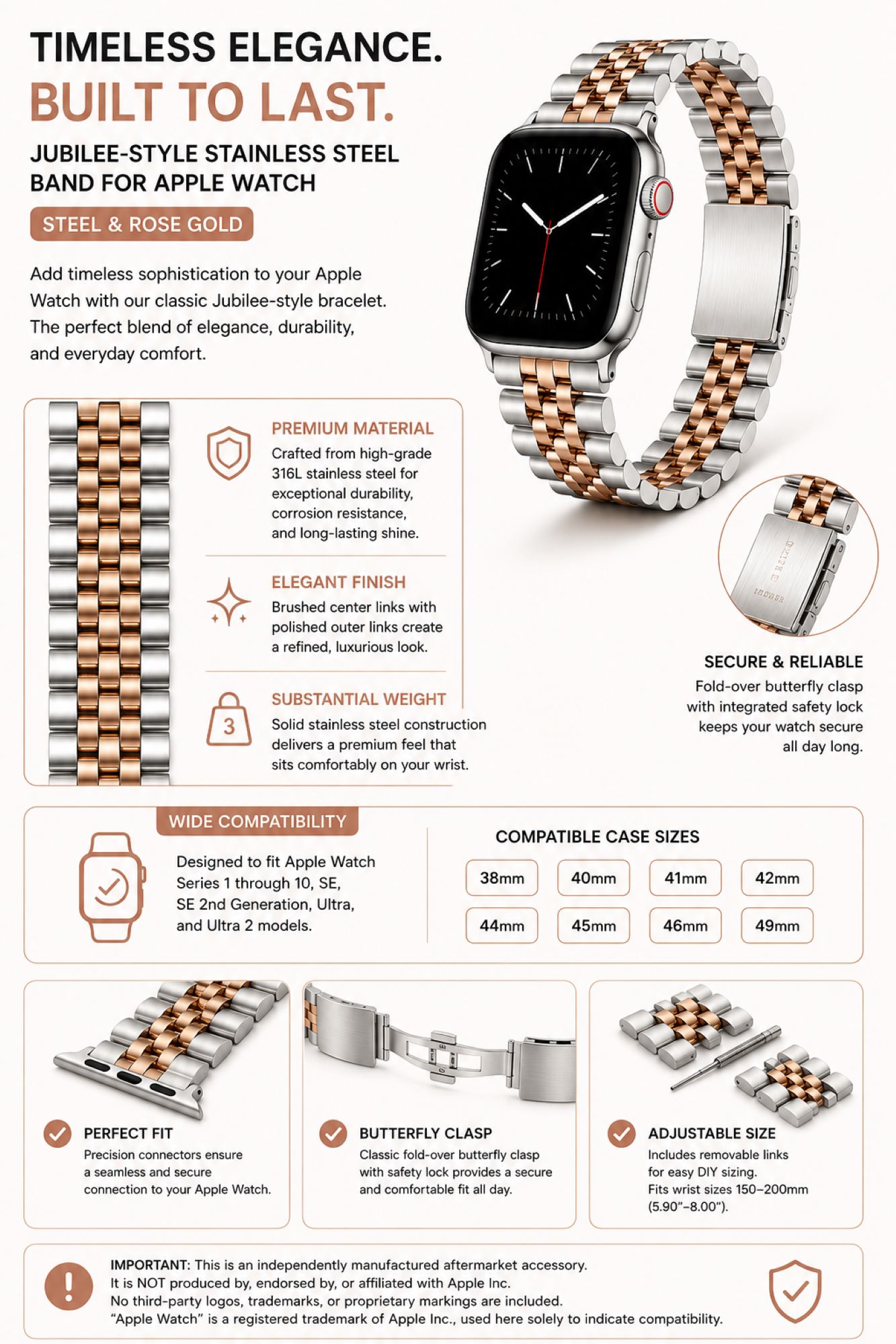 Classic Multi-Link Stainless Steel Replacement Band Compatible with Apple Watch 38mm photo 5