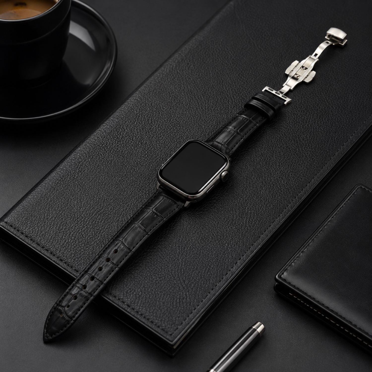 Alligator-Embossed Leather Watch Replacement Band Compatible with Apple Watch 38mm, Black, Silver Buckle photo 2