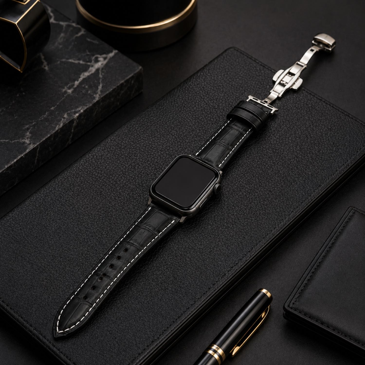 Alligator-Embossed Leather Watch Replacement Band Compatible with Apple Watch 38mm, Black, Silver Buckle photo 2