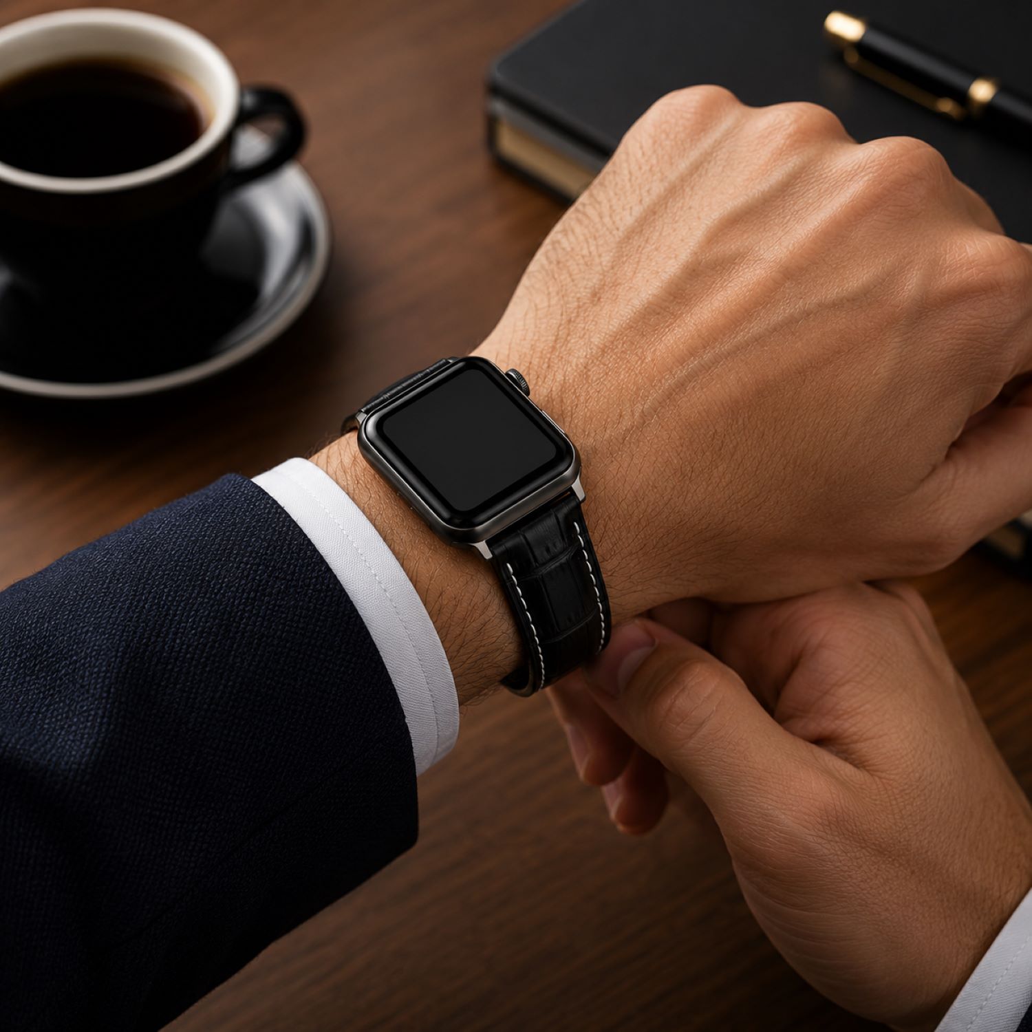 Alligator-Embossed Leather Watch Replacement Band Compatible with Apple Watch 38mm, Black, Silver Buckle photo 3