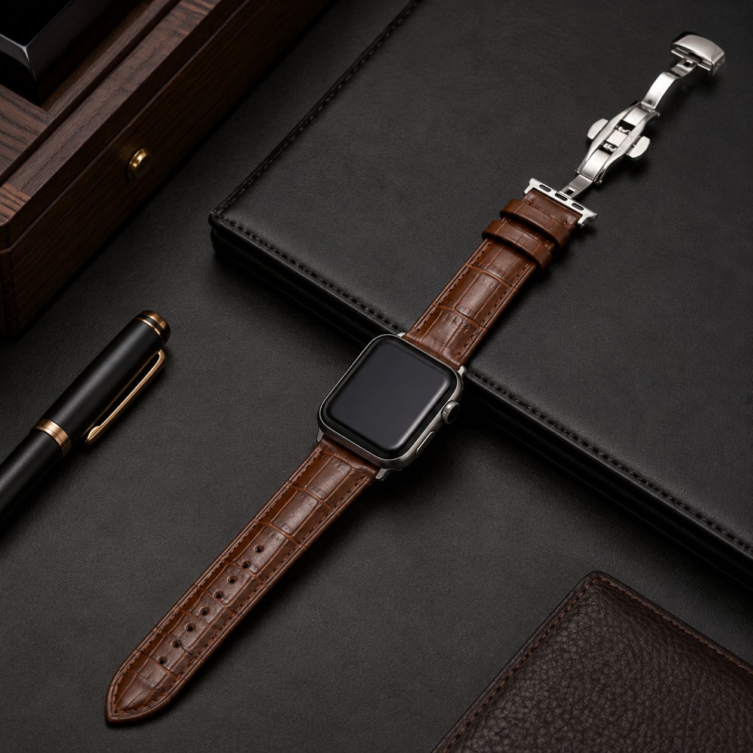 Alligator-Embossed Leather Watch Replacement Band Compatible with Apple Watch 38mm, Black, Silver Buckle photo 2