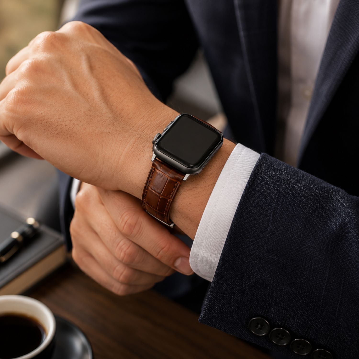 Alligator-Embossed Leather Watch Replacement Band Compatible with Apple Watch 38mm, Black, Silver Buckle photo 3