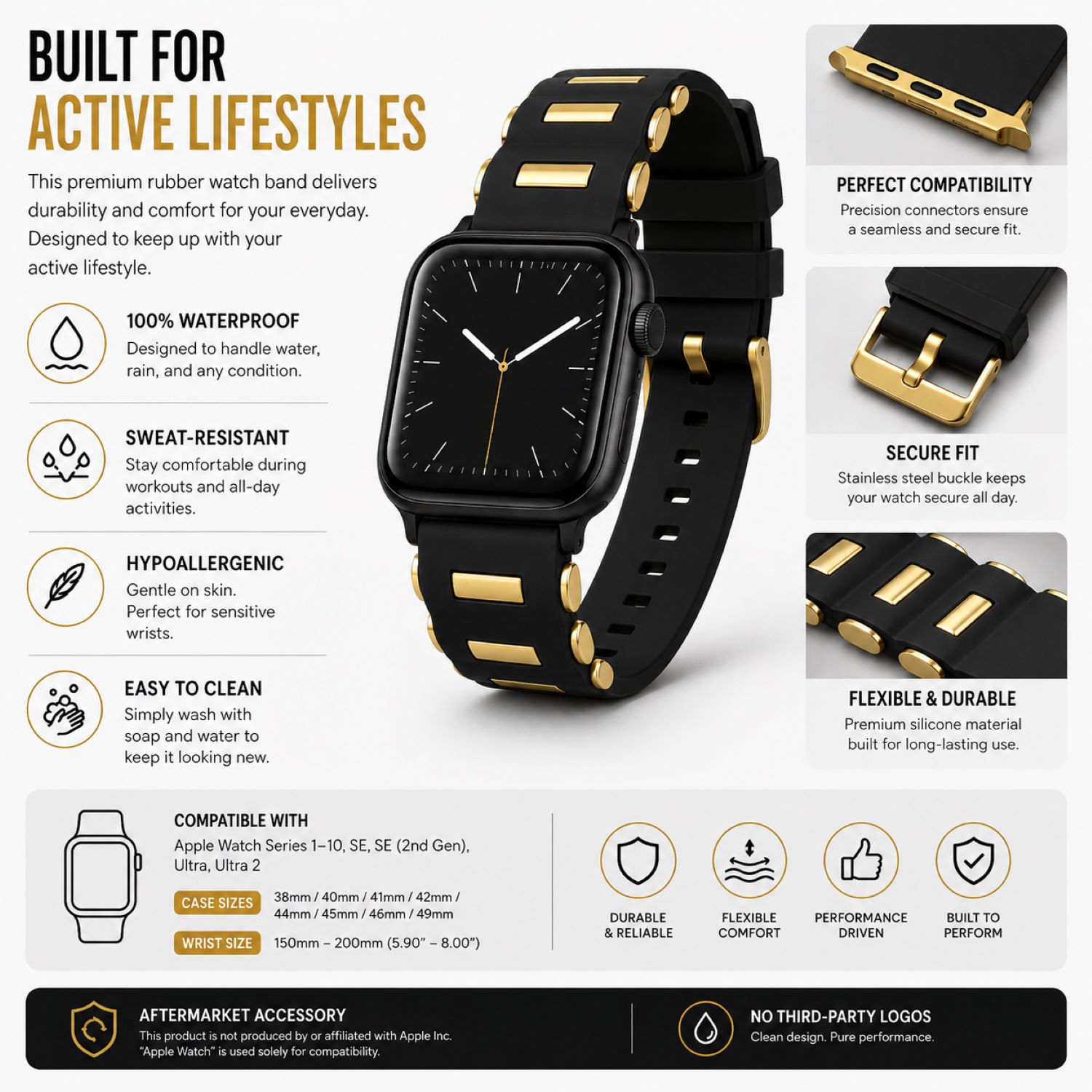 Replacement Rubber Watch Replacement Band Compatible with Apple Watch 38mm, Yellow Gold, Yellow Gold Buckle photo 4