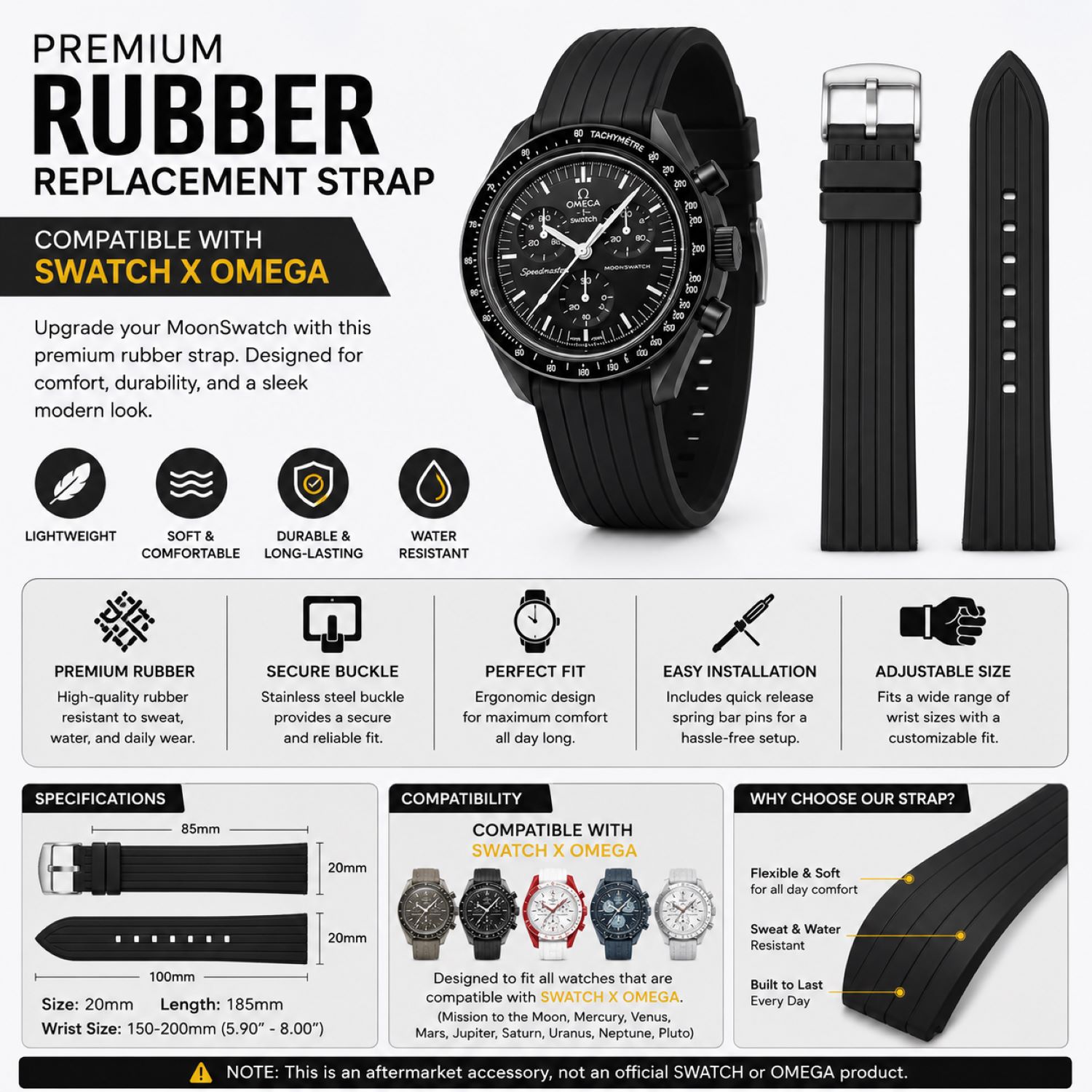 Silicone Watch Replacement Band Compatible with Omega x Swatch MoonSwatch 20mm photo 5