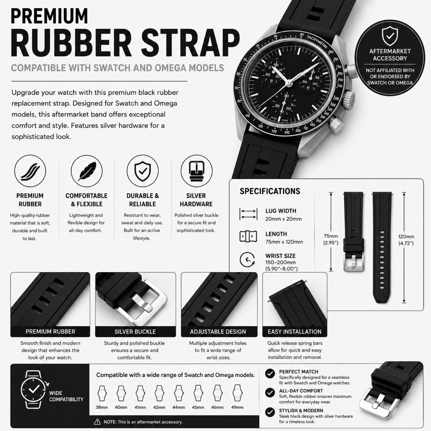 Silicone Watch Replacement Band Compatible with Omega x Swatch MoonSwatch 20mm photo 5