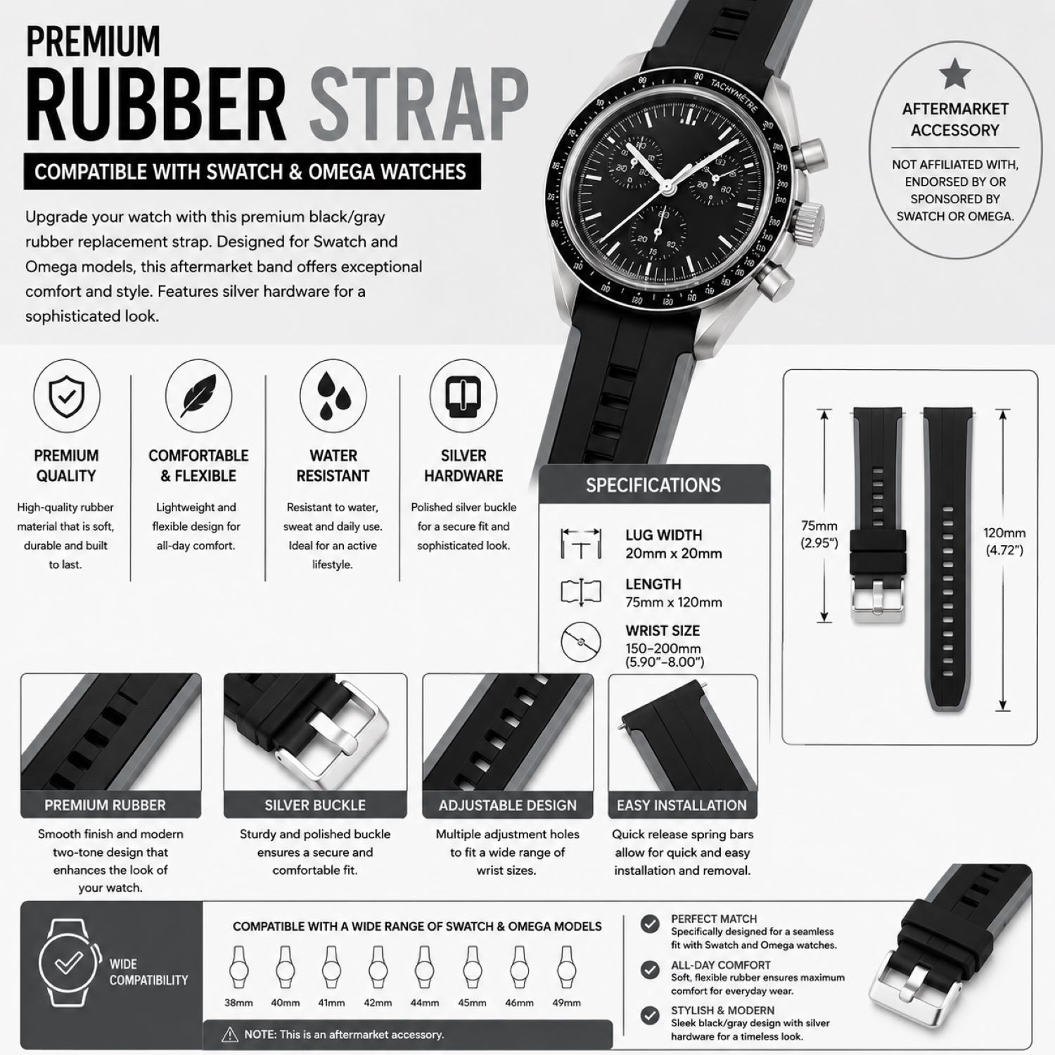 Silicone Watch Replacement Band Compatible with Omega x Swatch MoonSwatch 20mm photo 5