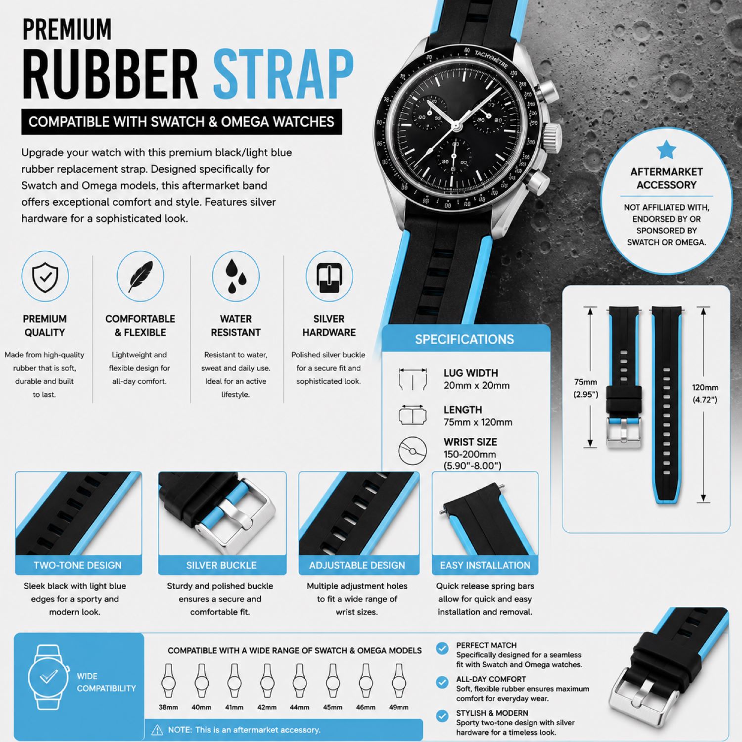 Silicone Watch Replacement Band Compatible with Omega x Swatch MoonSwatch 20mm photo 5