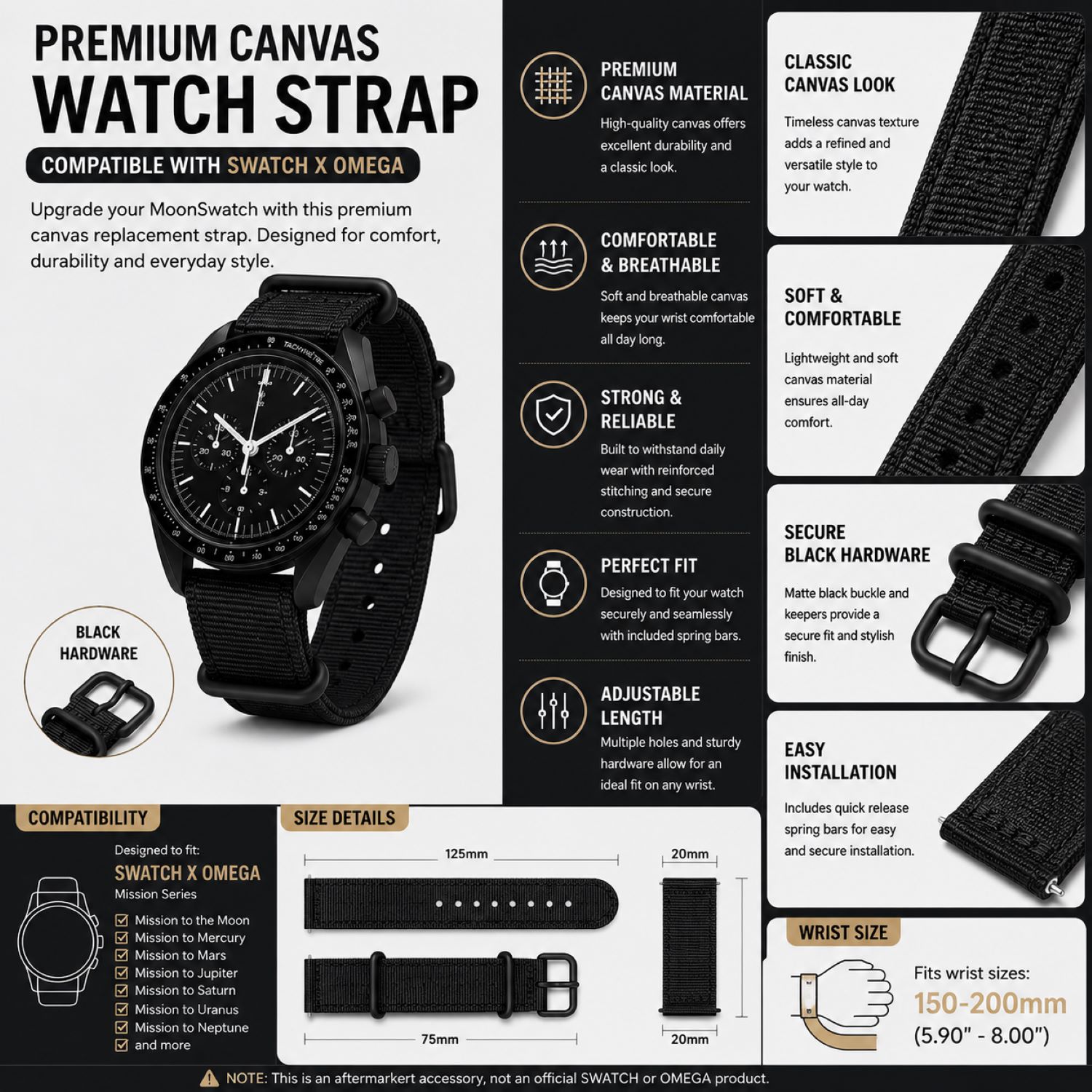 Canvas Watch Replacement Band Compatible with Omega x Swatch MoonSwatch 20mm photo 5