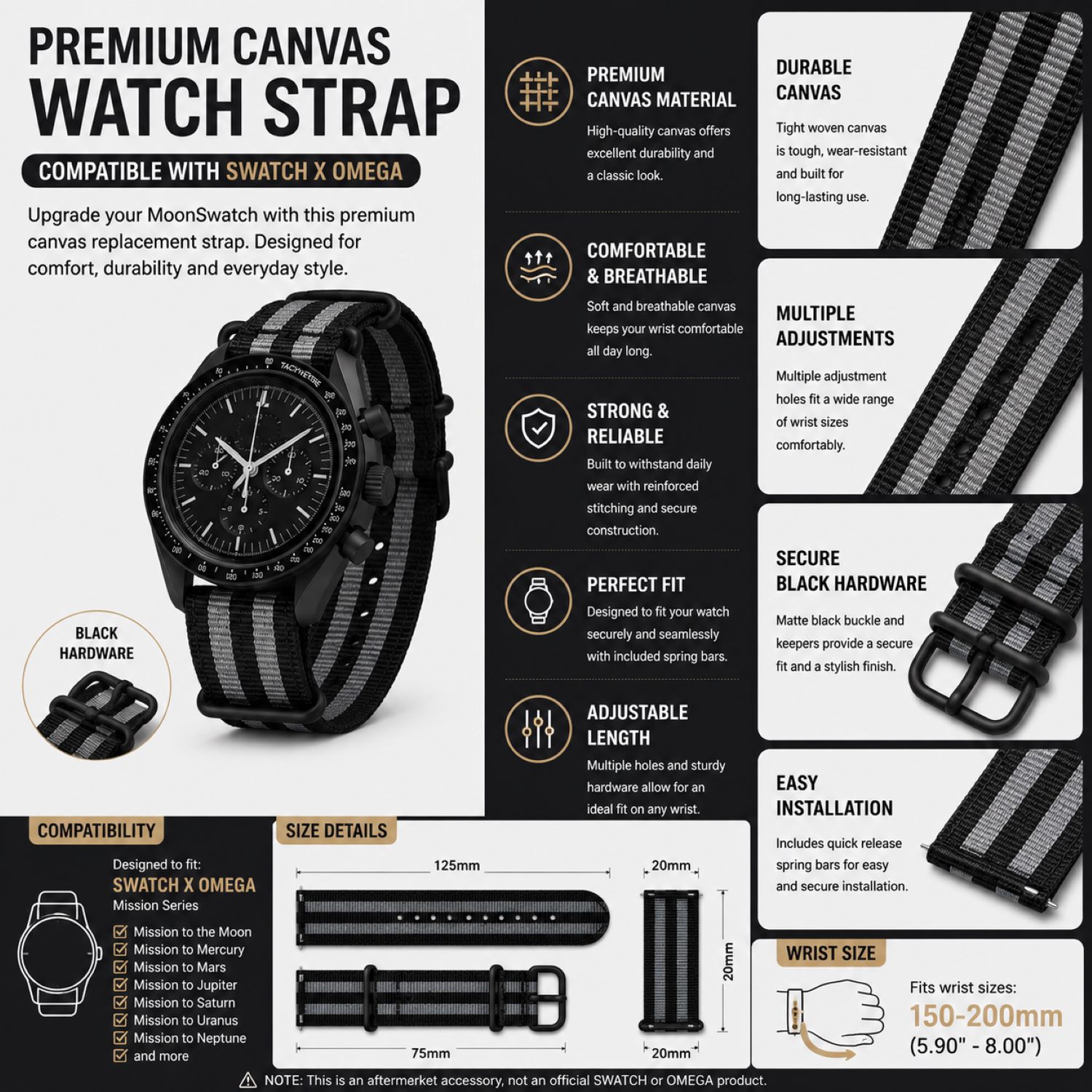 Canvas Watch Replacement Band Compatible with Omega x Swatch MoonSwatch 20mm photo 5
