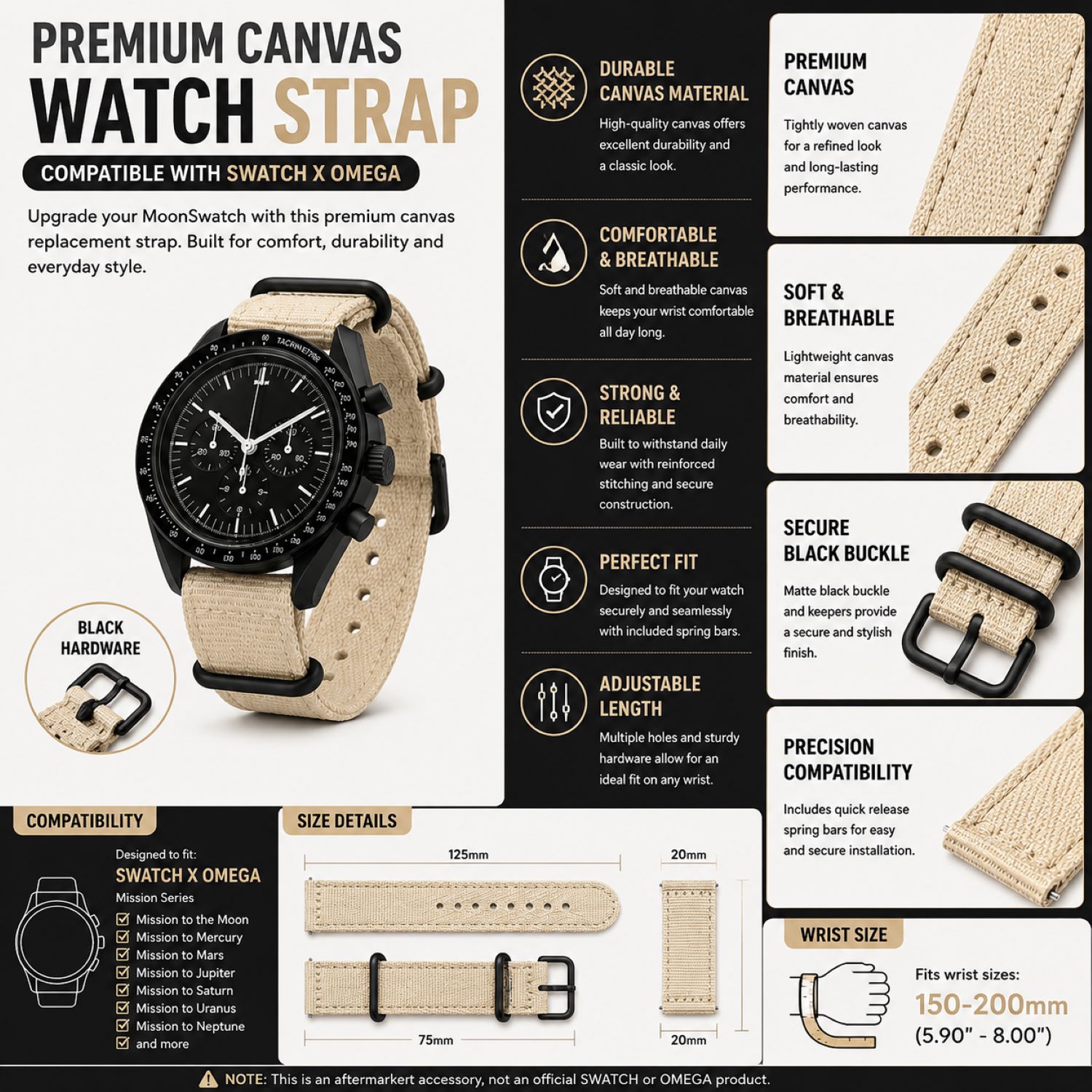 Canvas Watch Replacement Band Compatible with Omega x Swatch MoonSwatch 20mm photo 5