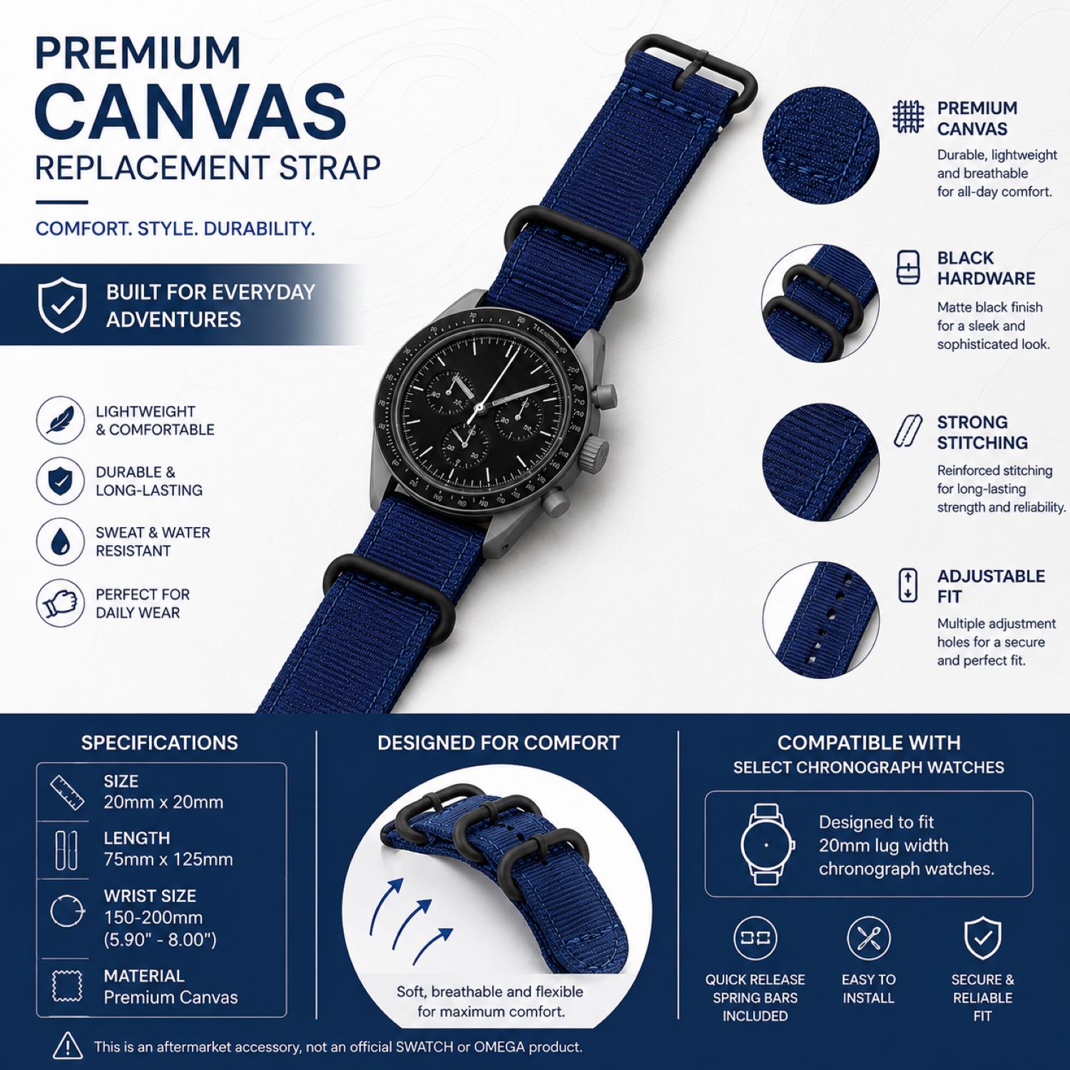 Canvas Watch Replacement Band Compatible with Omega x Swatch MoonSwatch 20mm photo 5