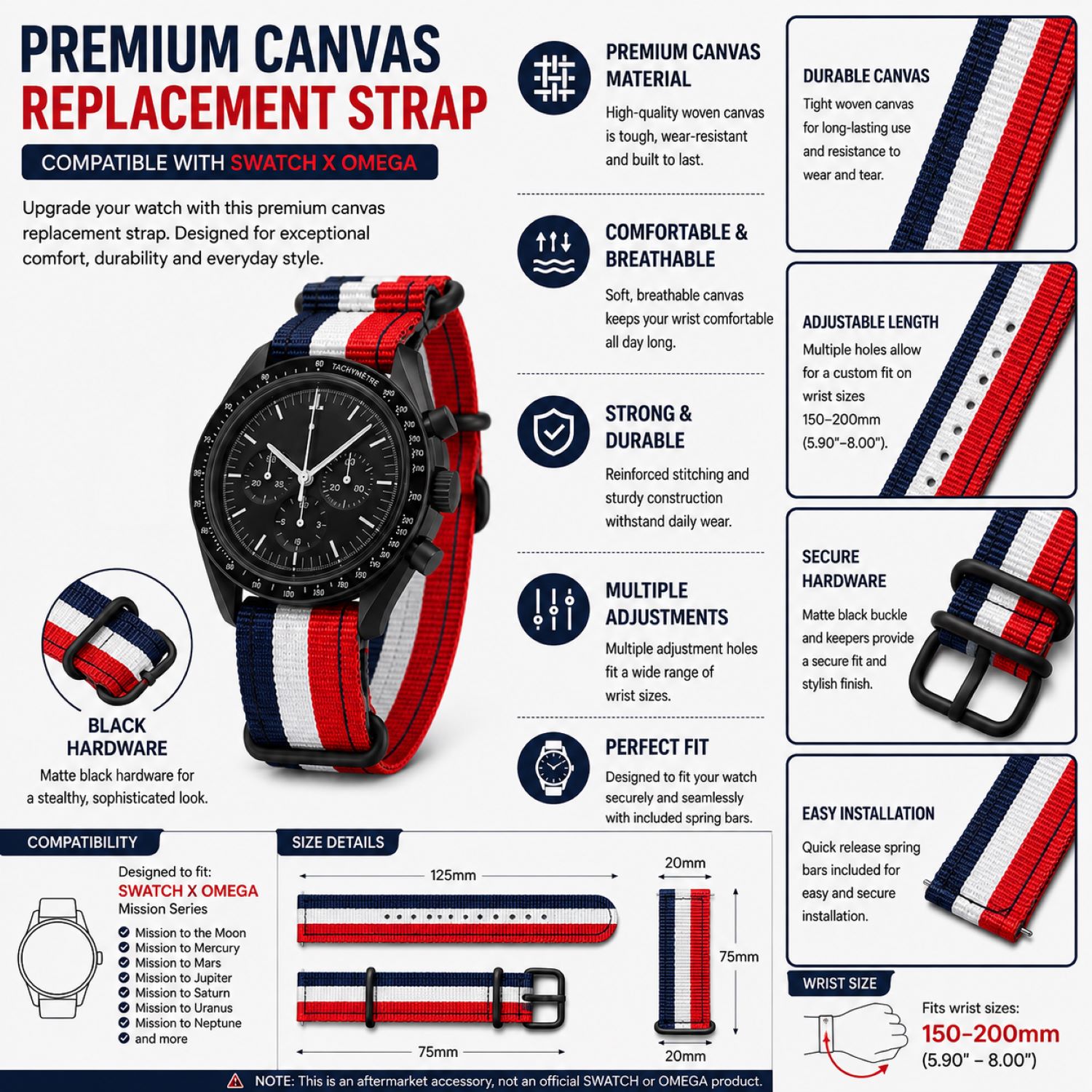 Canvas Watch Replacement Band Compatible with Omega x Swatch MoonSwatch 20mm photo 5