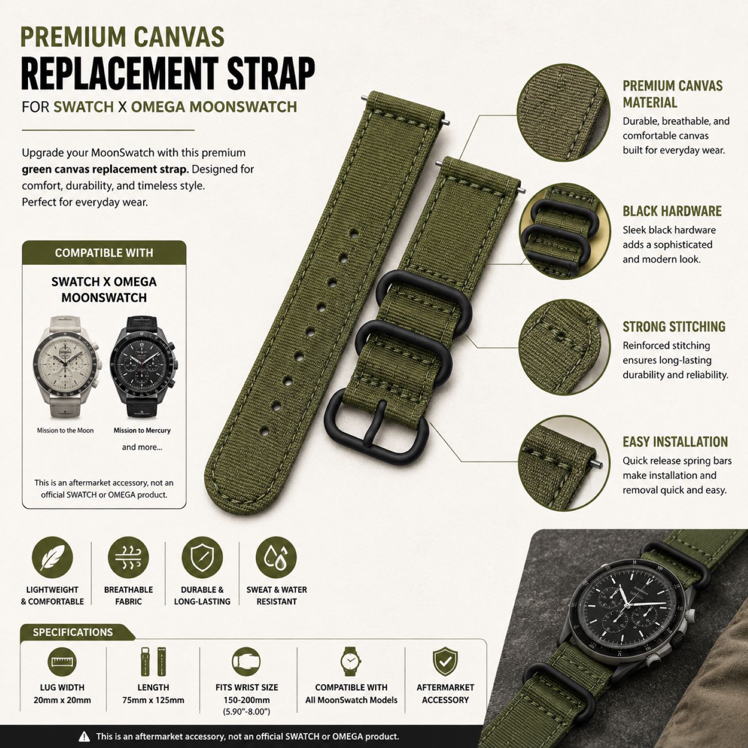 Canvas Watch Replacement Band Compatible with Omega x Swatch MoonSwatch 20mm photo 5