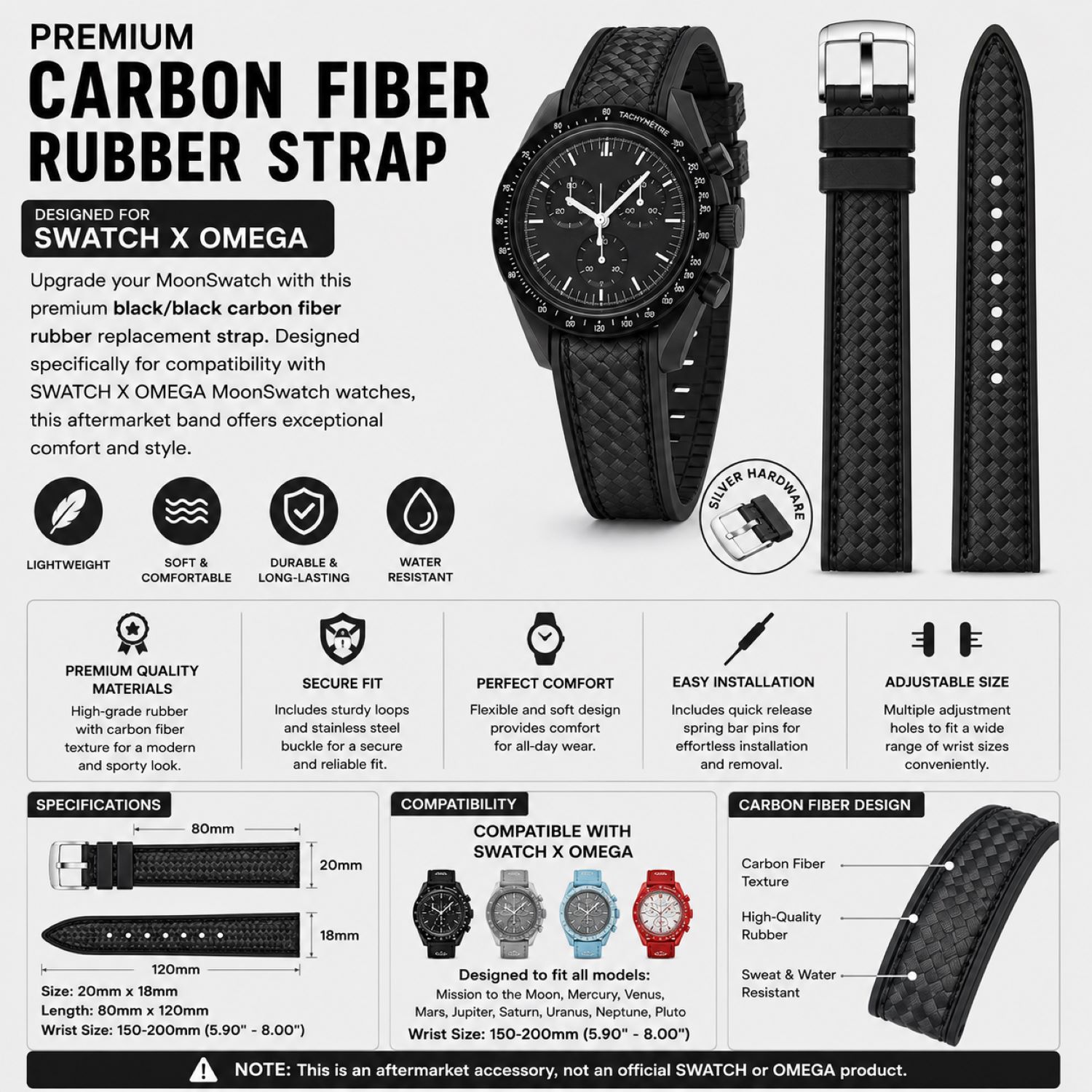 Carbon Fiber Pattern Watch Replacement Band Compatible with Omega x Swatch MoonSwatch 20mm photo 5