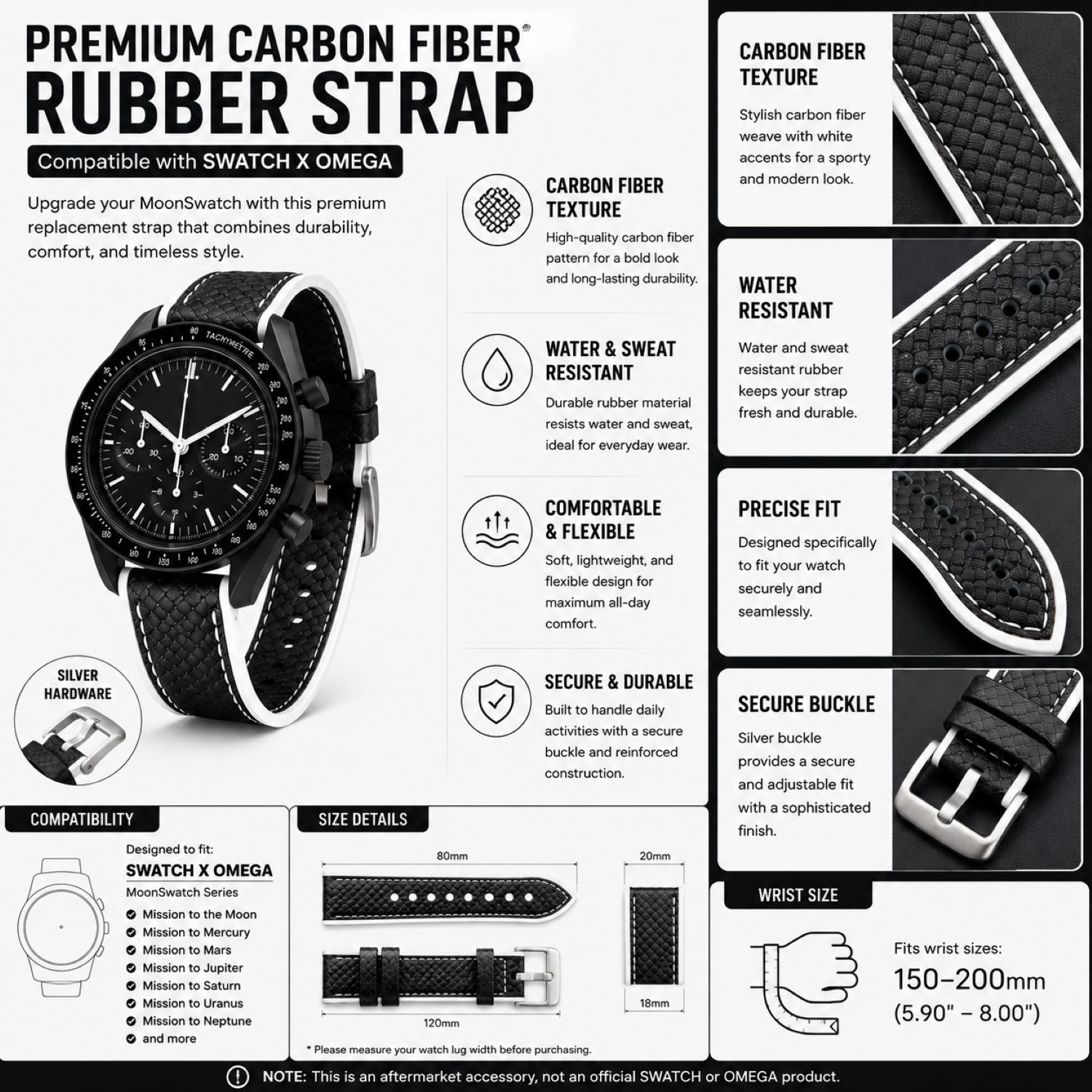 Carbon Fiber Pattern Watch Replacement Band Compatible with Omega x Swatch MoonSwatch 20mm photo 5