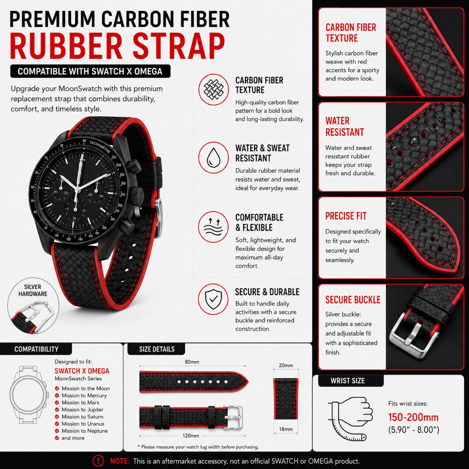 Carbon Fiber Pattern Watch Replacement Band Compatible with Omega x Swatch MoonSwatch 20mm photo 5
