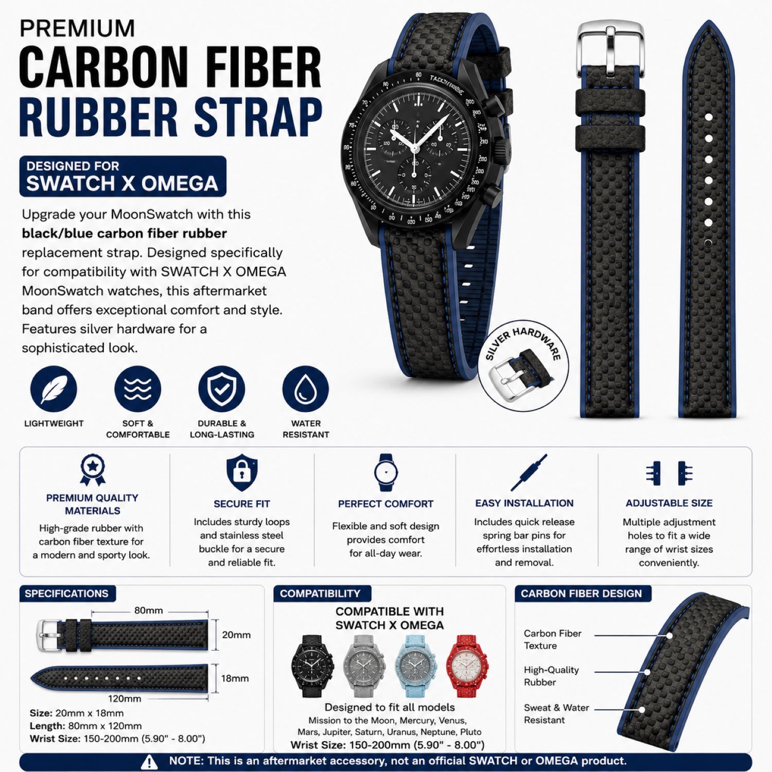 Carbon Fiber Pattern Watch Replacement Band Compatible with Omega x Swatch MoonSwatch 20mm photo 5