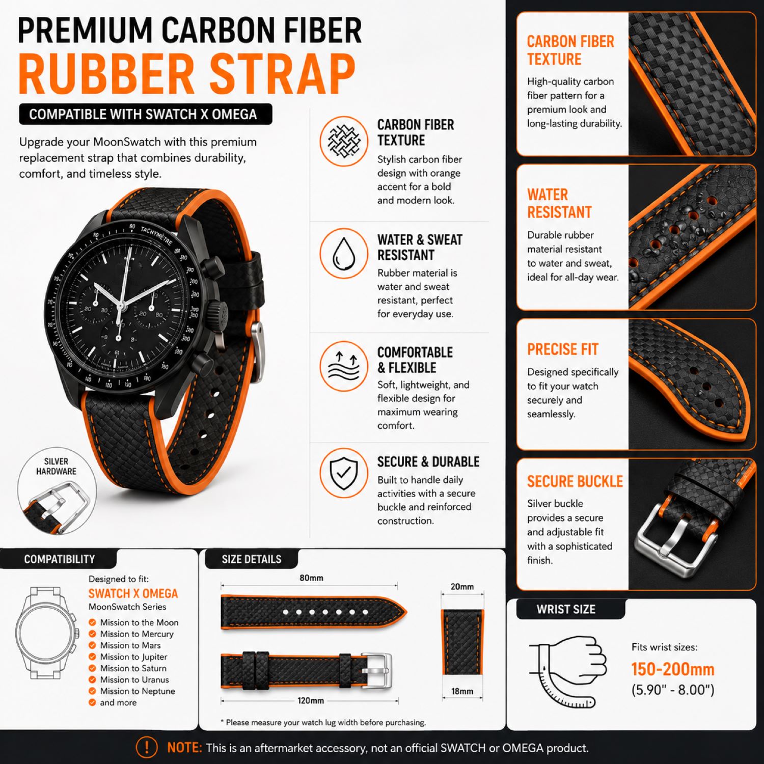 Carbon Fiber Pattern Watch Replacement Band Compatible with Omega x Swatch MoonSwatch 20mm photo 5