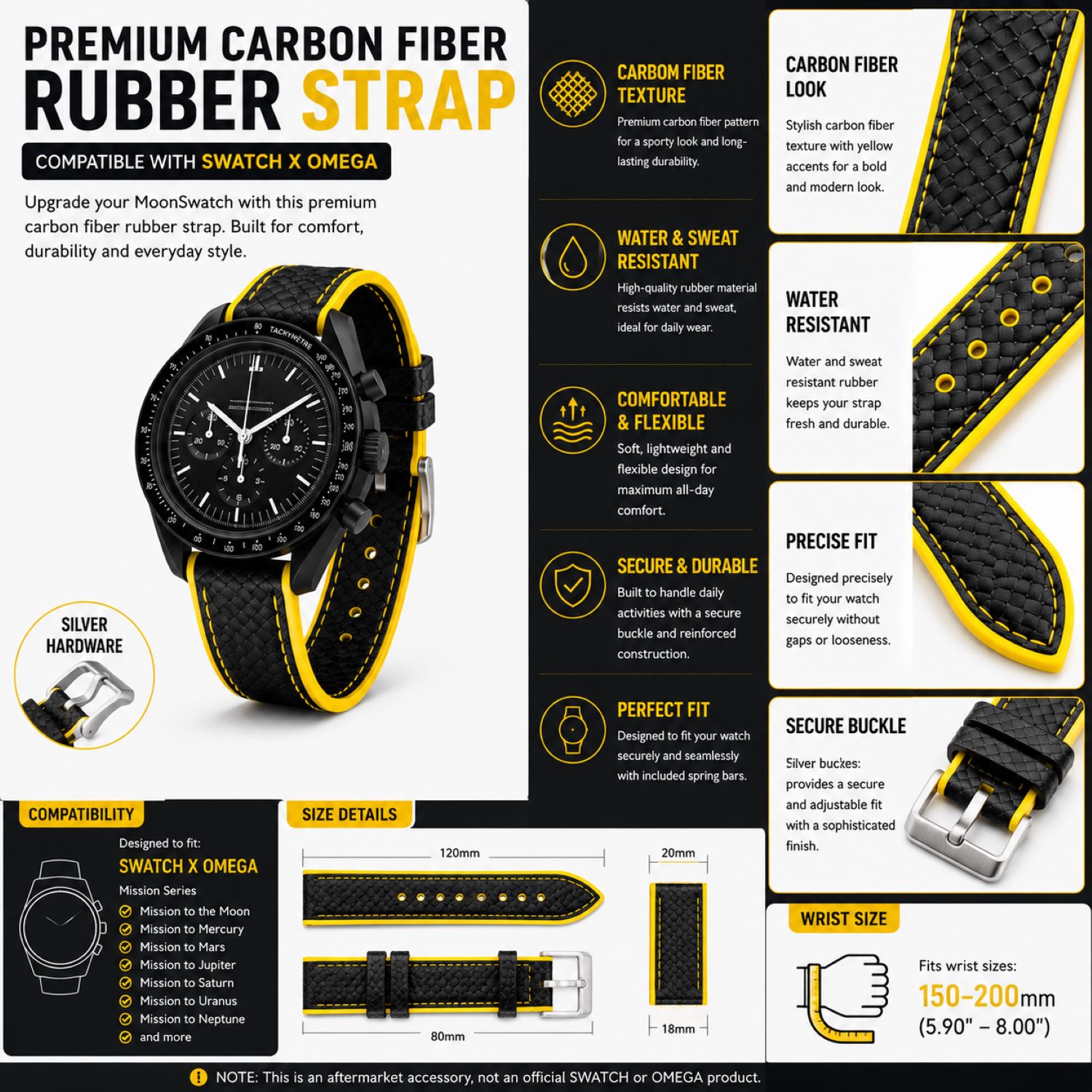 Carbon Fiber Pattern Watch Replacement Band Compatible with Omega x Swatch MoonSwatch 20mm photo 5