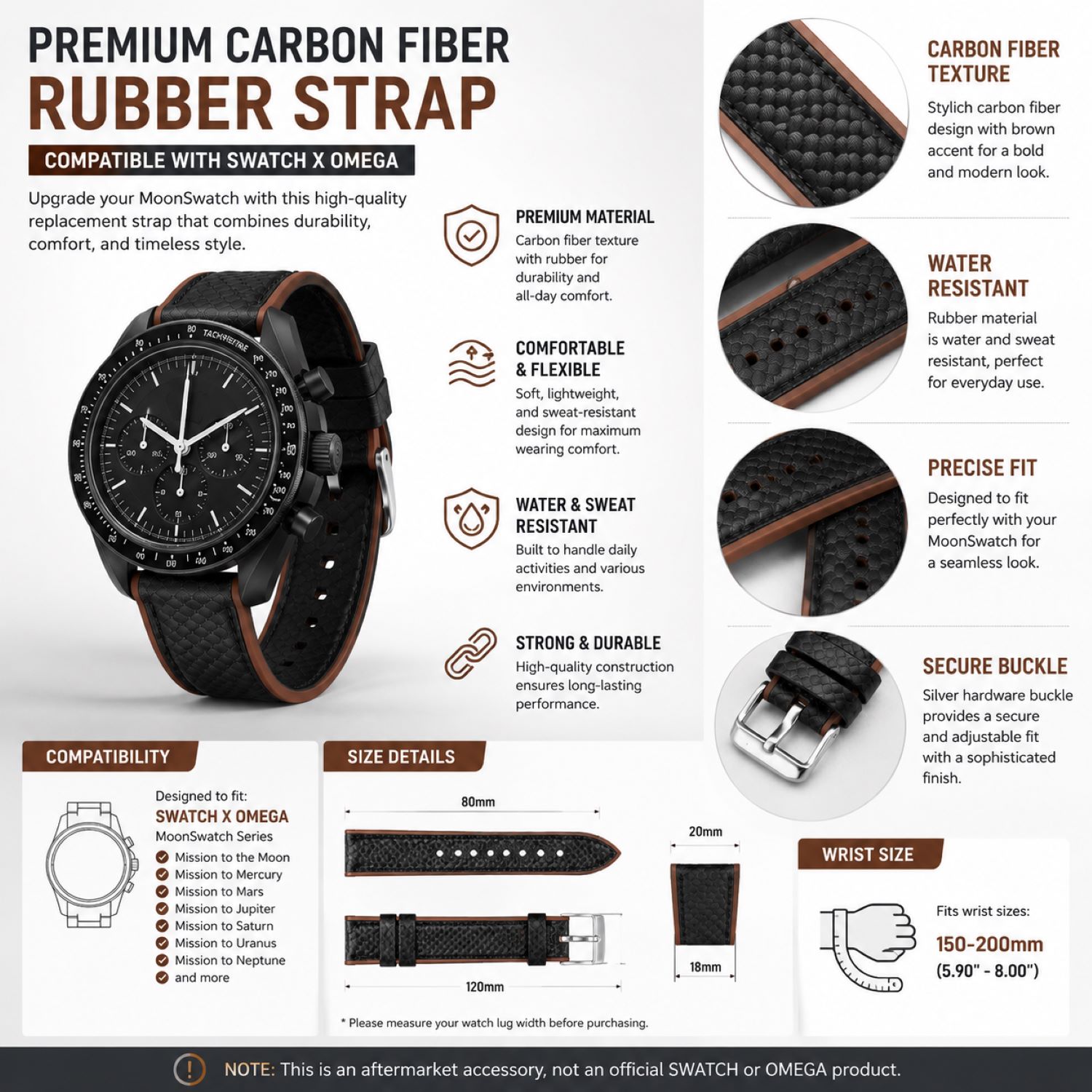 Carbon Fiber Pattern Watch Replacement Band Compatible with Omega x Swatch MoonSwatch 20mm photo 5