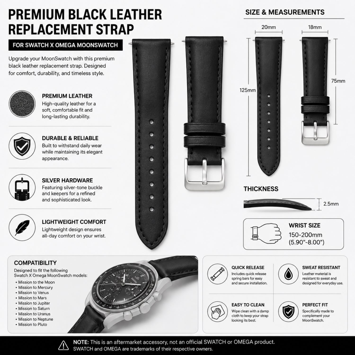 Leather Watch Replacement Band Compatible with Omega x Swatch MoonSwatch 20mm photo 5
