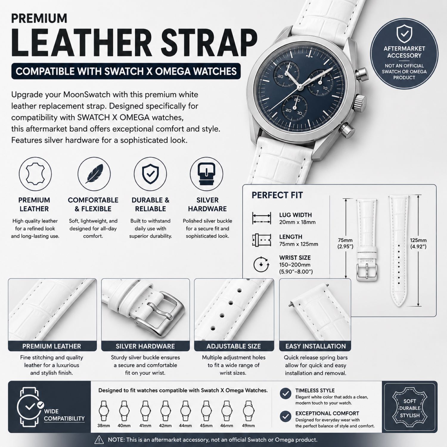 Leather Watch Replacement Band Compatible with Omega x Swatch MoonSwatch 20mm photo 5