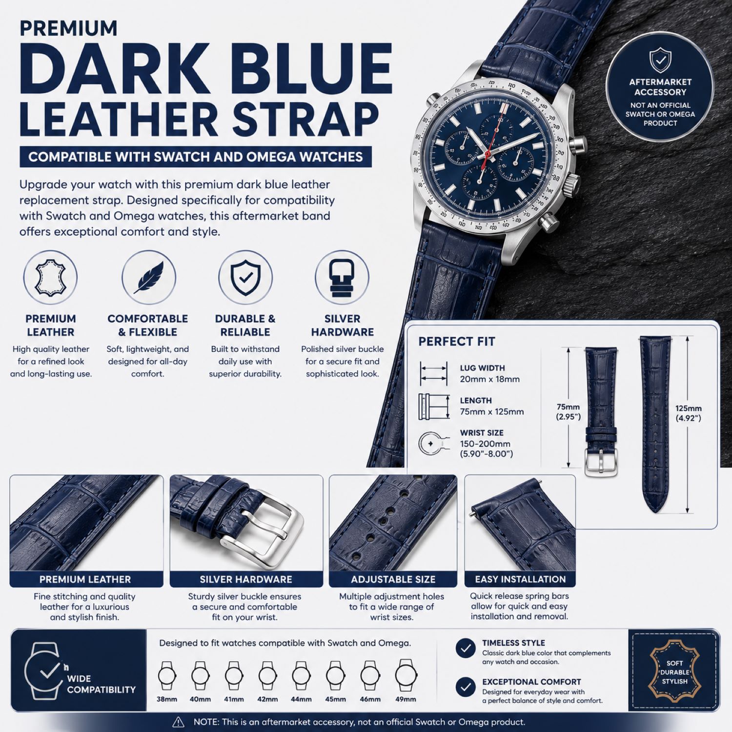 Leather Watch Replacement Band Compatible with Omega x Swatch MoonSwatch 20mm photo 5