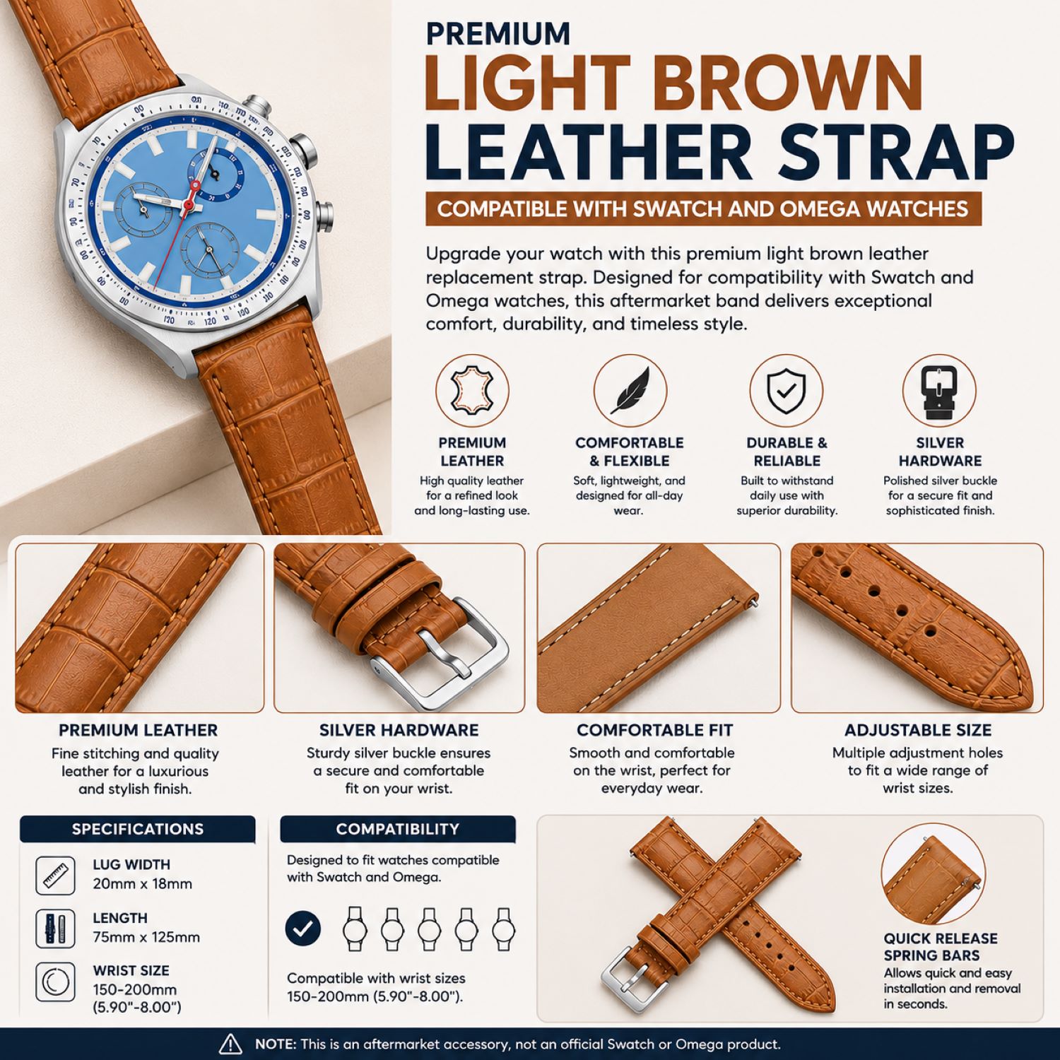 Leather Watch Replacement Band Compatible with Omega x Swatch MoonSwatch 20mm photo 5