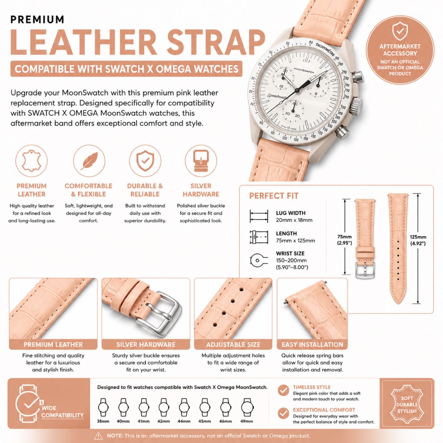 Leather Watch Replacement Band Compatible with Omega x Swatch MoonSwatch 20mm photo 5