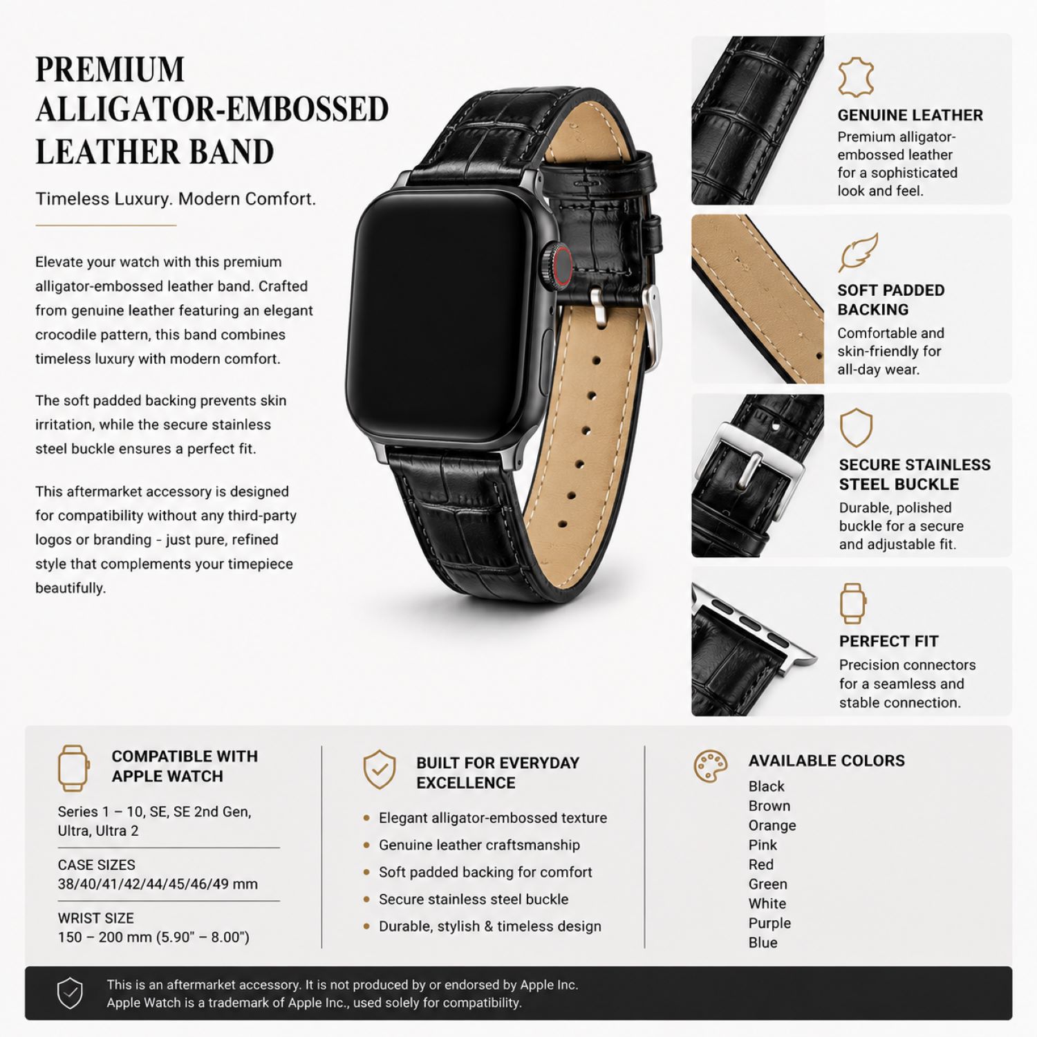 Alligator-Embossed Leather Watch Replacement Band Compatible with Apple Watch 38mm photo 4