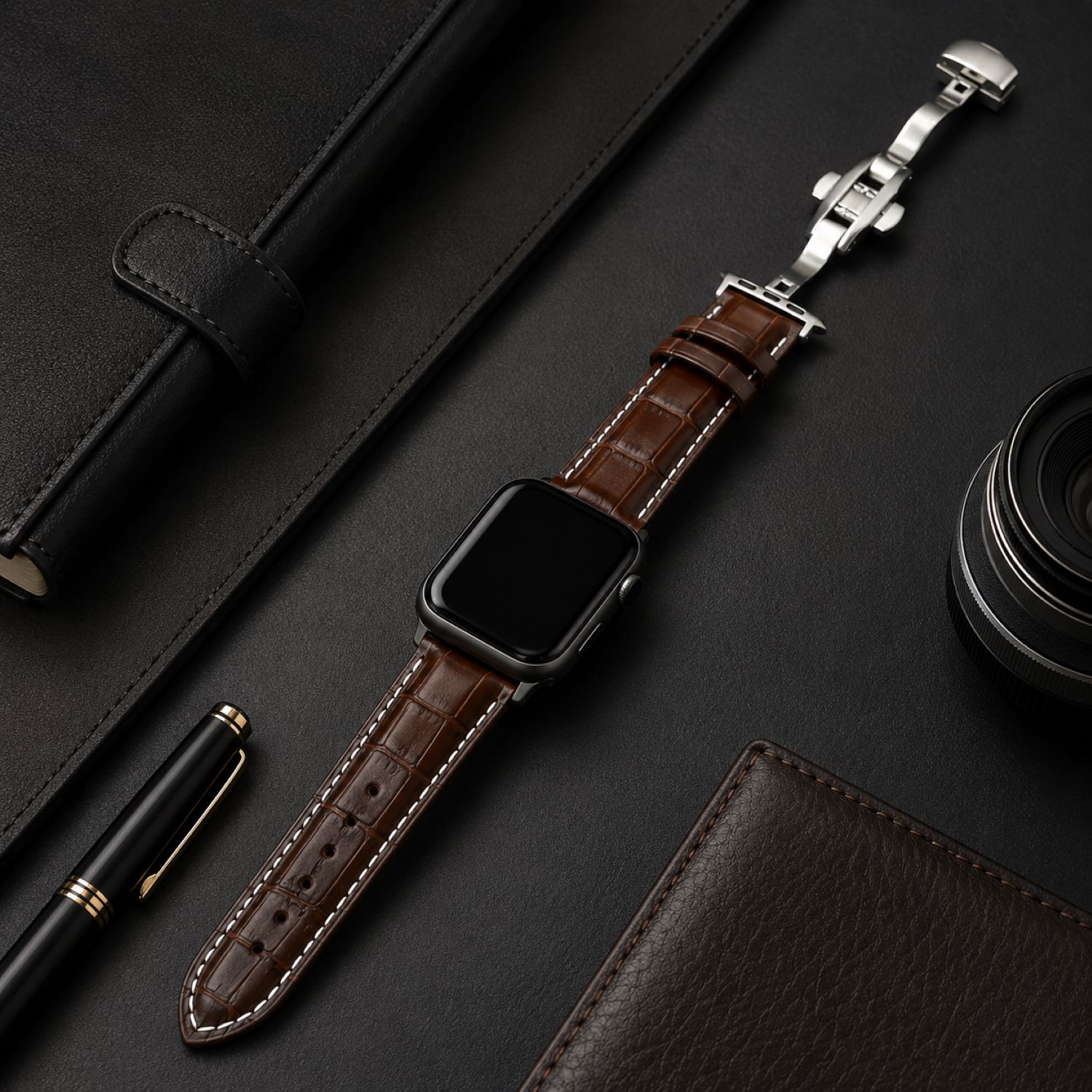 Alligator-Embossed Leather Watch Replacement Band Compatible with Apple Watch 38mm, Black, Silver Buckle photo 2