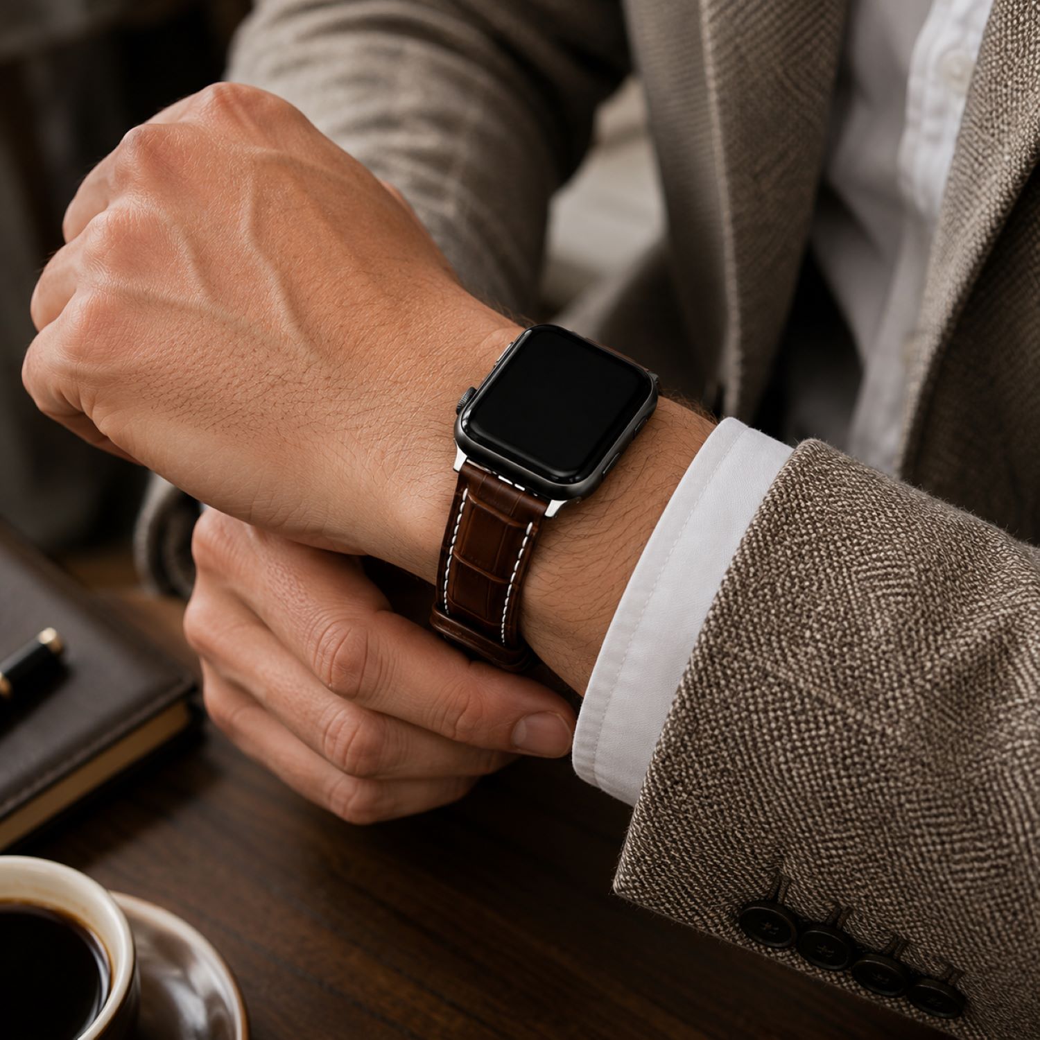 Alligator-Embossed Leather Watch Replacement Band Compatible with Apple Watch 38mm, Black, Silver Buckle photo 3