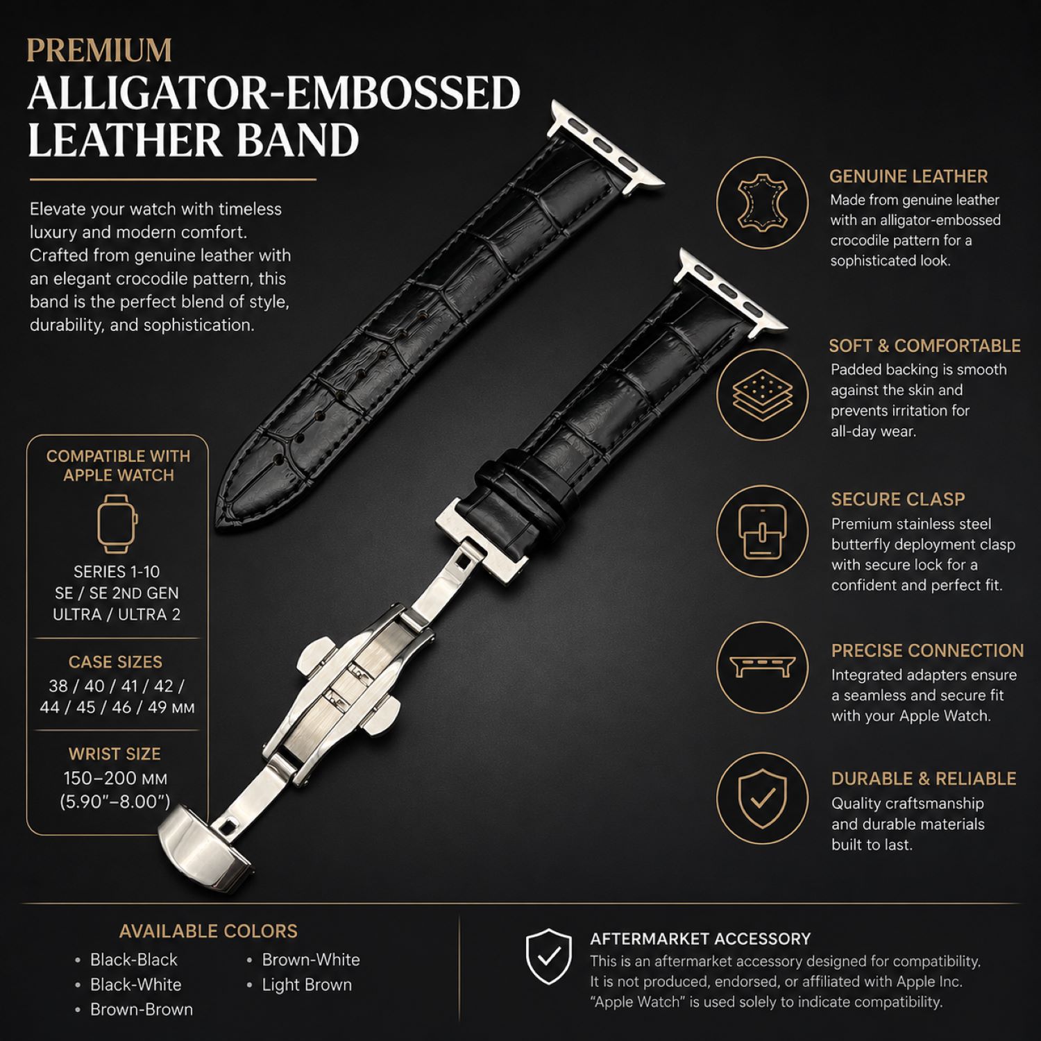 Alligator-Embossed Leather Watch Replacement Band Compatible with Apple Watch 38mm, Black, Silver Buckle photo 4
