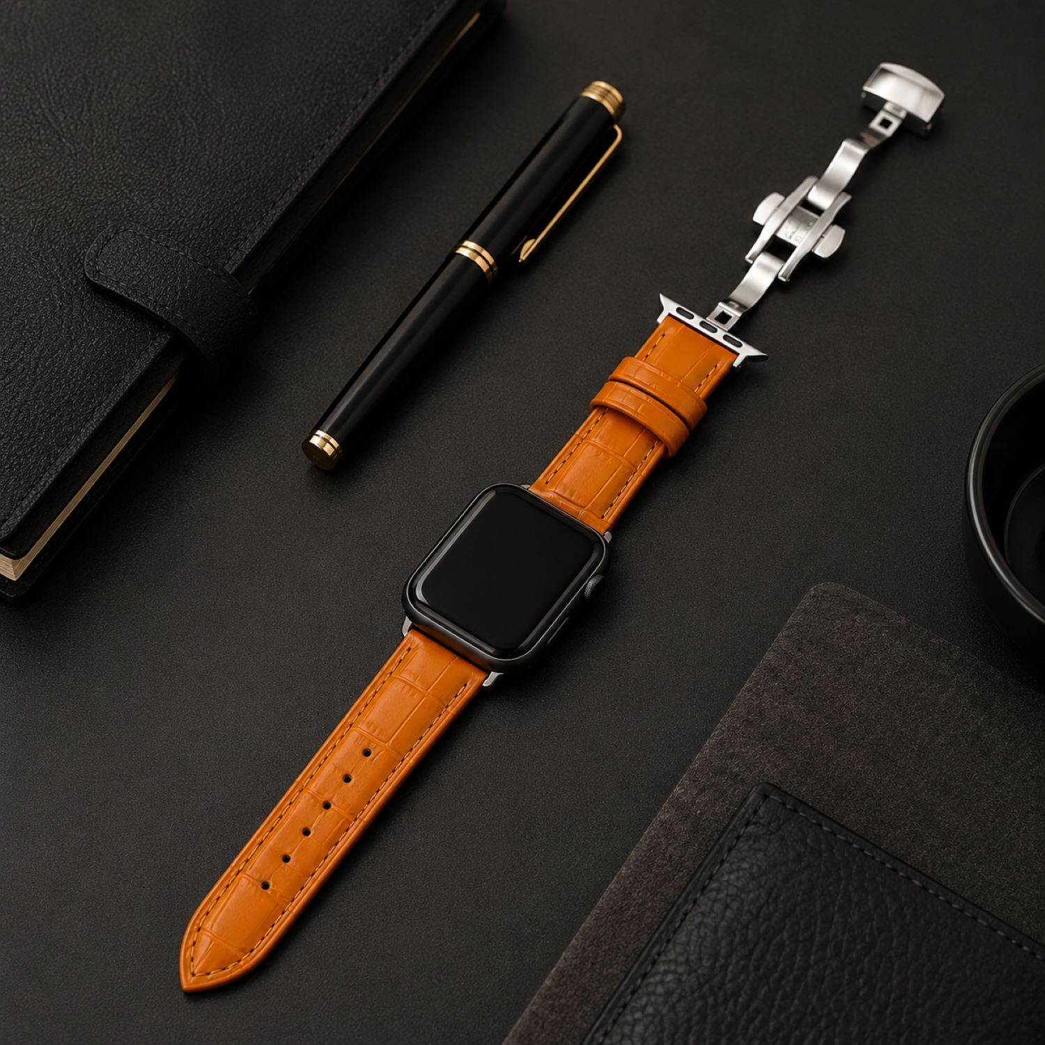 Alligator-Embossed Leather Watch Replacement Band Compatible with Apple Watch 38mm, Black, Silver Buckle photo 2