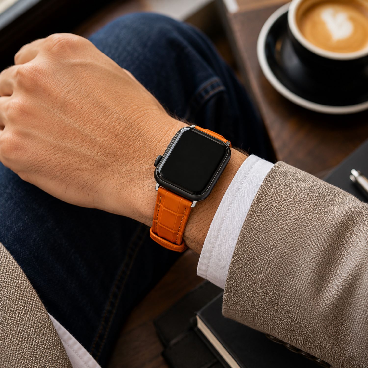 Alligator-Embossed Leather Watch Replacement Band Compatible with Apple Watch 38mm, Black, Silver Buckle photo 3