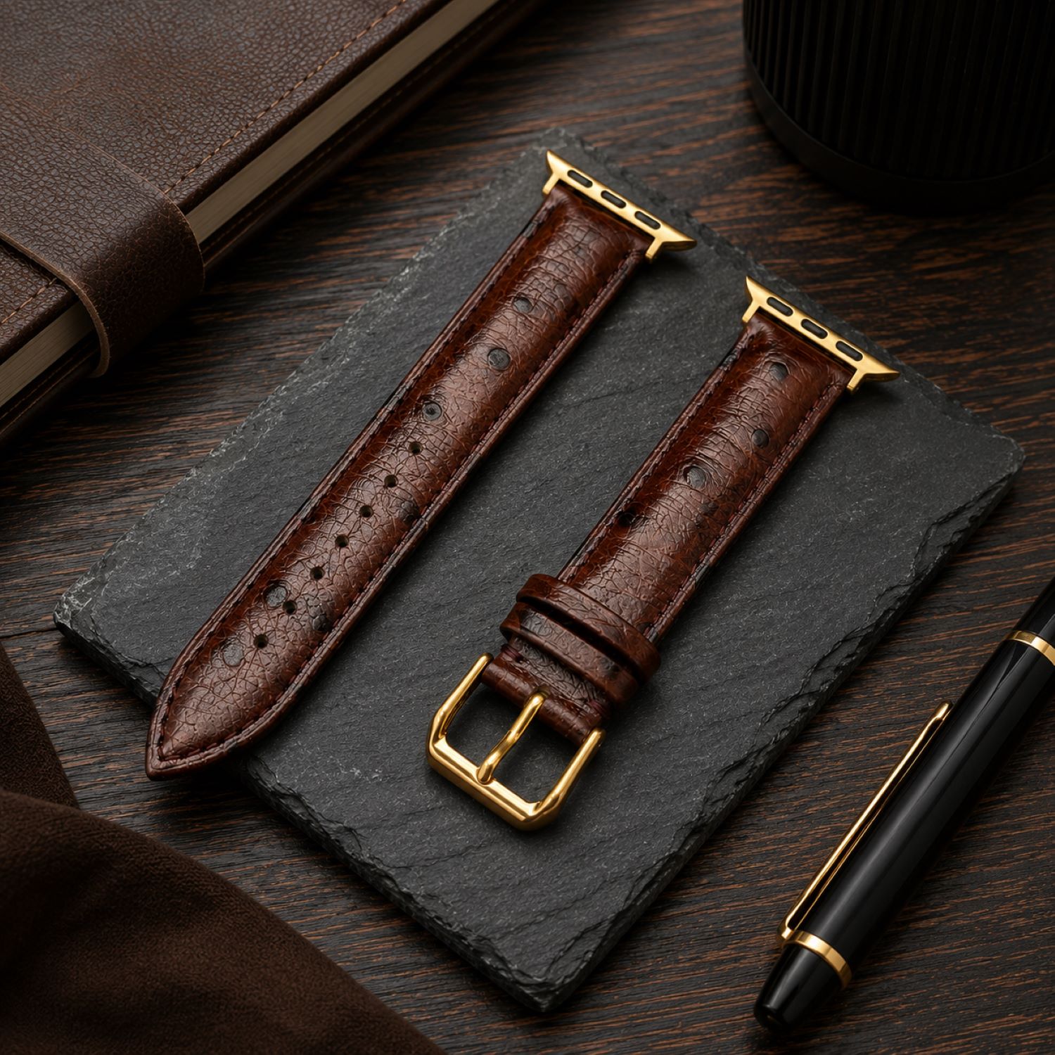 Ostrich-Embossed Leather Watch Replacement Band Compatible with Apple Watch 49mm, Brown, Silver Buckle photo 2