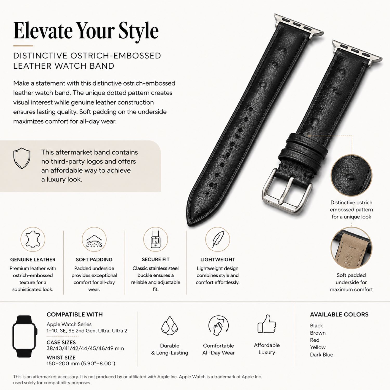 Ostrich-Embossed Leather Watch Replacement Band Compatible with Apple Watch 49mm, Brown, Silver Buckle photo 4