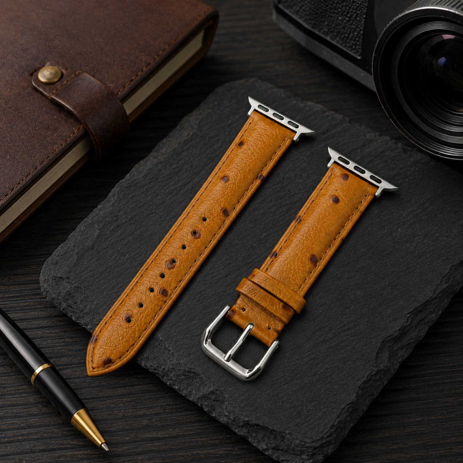 Ostrich-Embossed Leather Watch Replacement Band Compatible with Apple Watch 49mm, Brown, Silver Buckle photo 2
