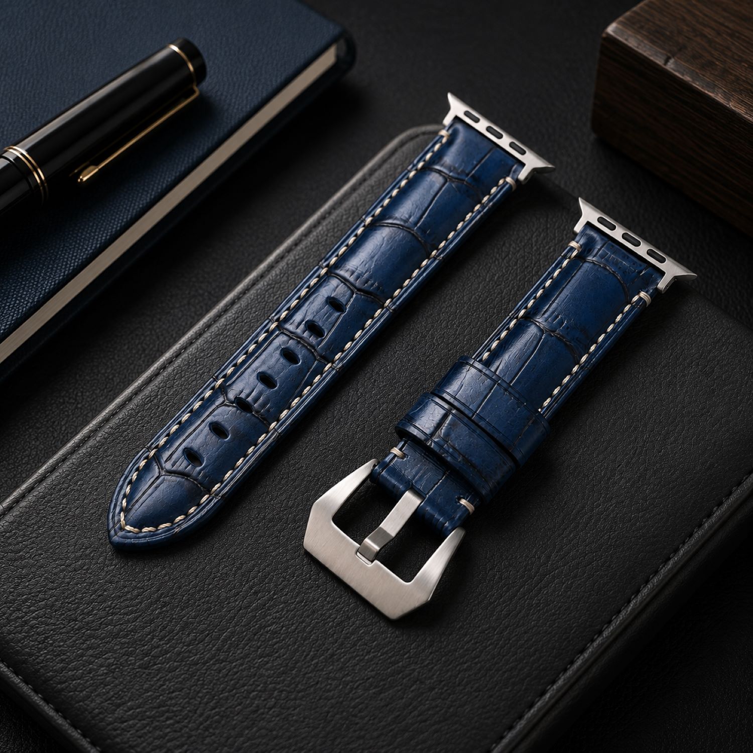 Alligator-Embossed Leather Watch Replacement Band Compatible with Apple Watch 38mm, Blue, Silver Buckle photo 2