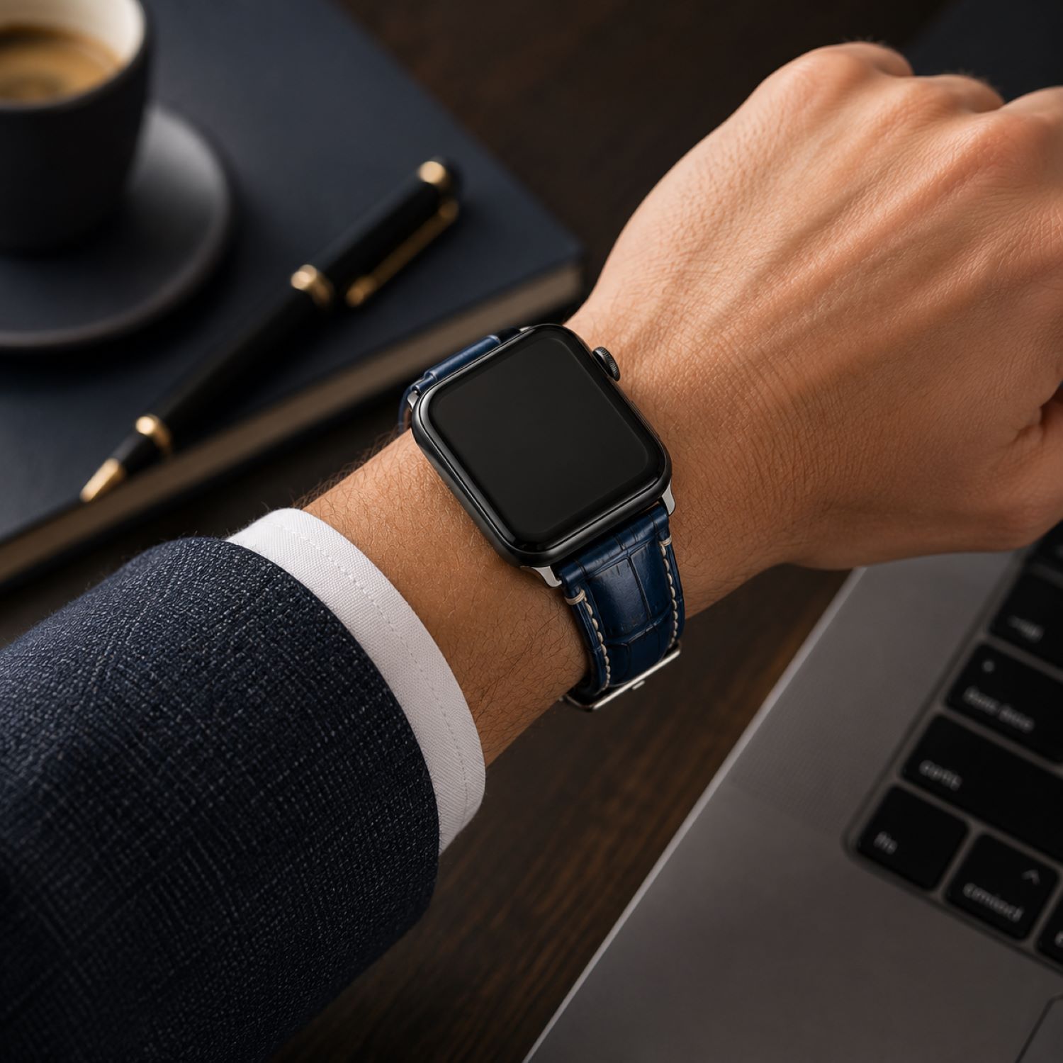 Alligator-Embossed Leather Watch Replacement Band Compatible with Apple Watch 38mm, Blue, Silver Buckle photo 3
