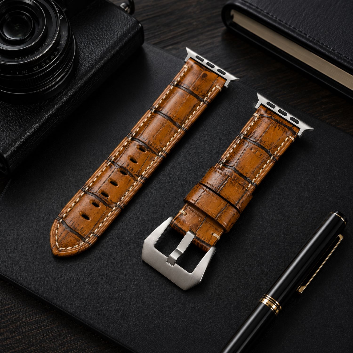 Alligator-Embossed Leather Watch Replacement Band Compatible with Apple Watch 38mm, Blue, Silver Buckle photo 2