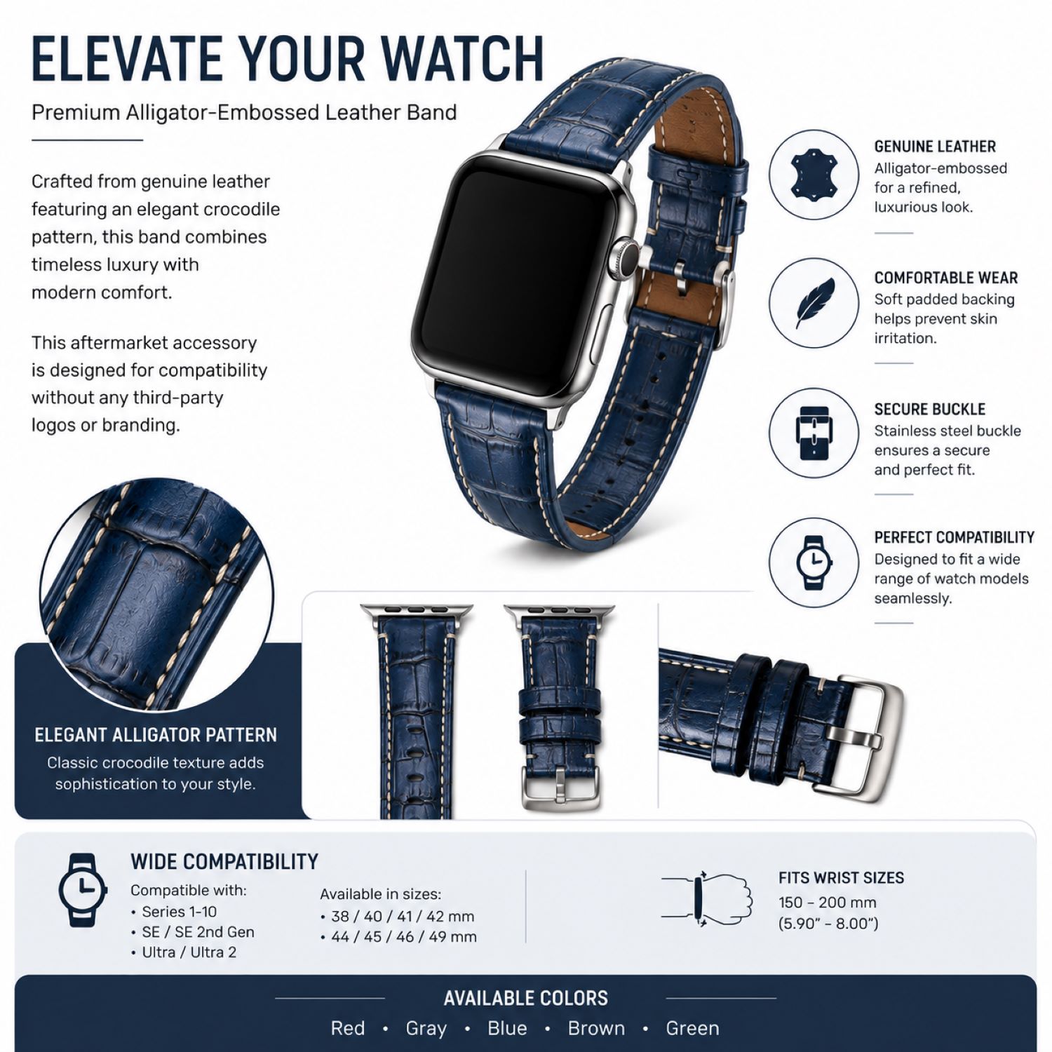 Alligator-Embossed Leather Watch Replacement Band Compatible with Apple Watch 38mm, Blue, Silver Buckle photo 4
