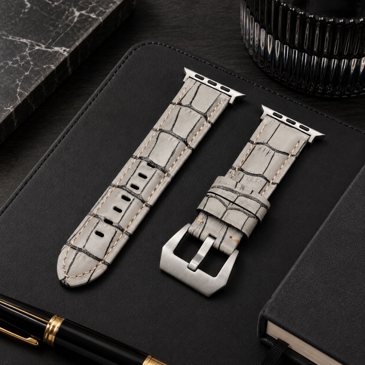 Alligator-Embossed Leather Watch Replacement Band Compatible with Apple Watch 38mm, Blue, Silver Buckle photo 2