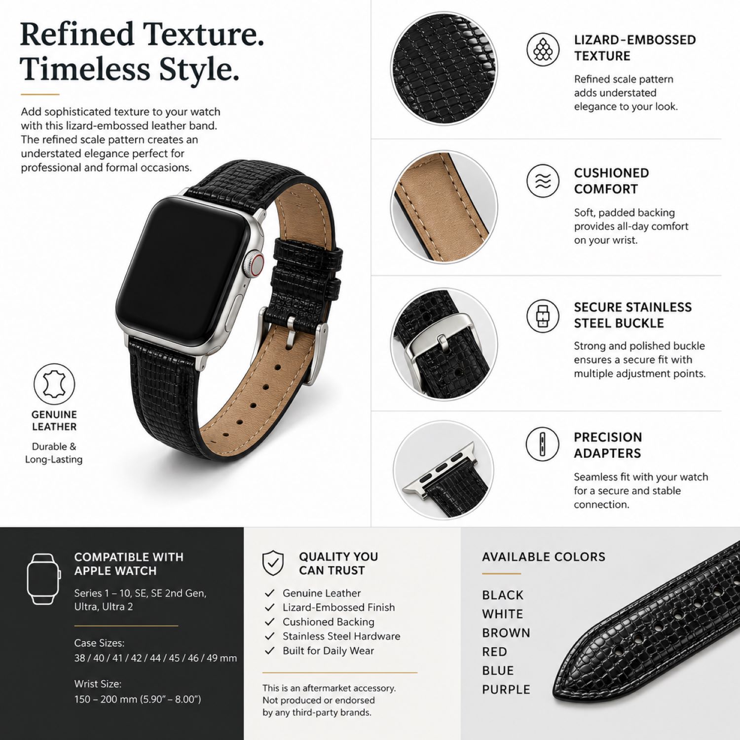 Lizard-Embossed Leather Watch Replacement Band Compatible with Apple Watch 38mm photo 4