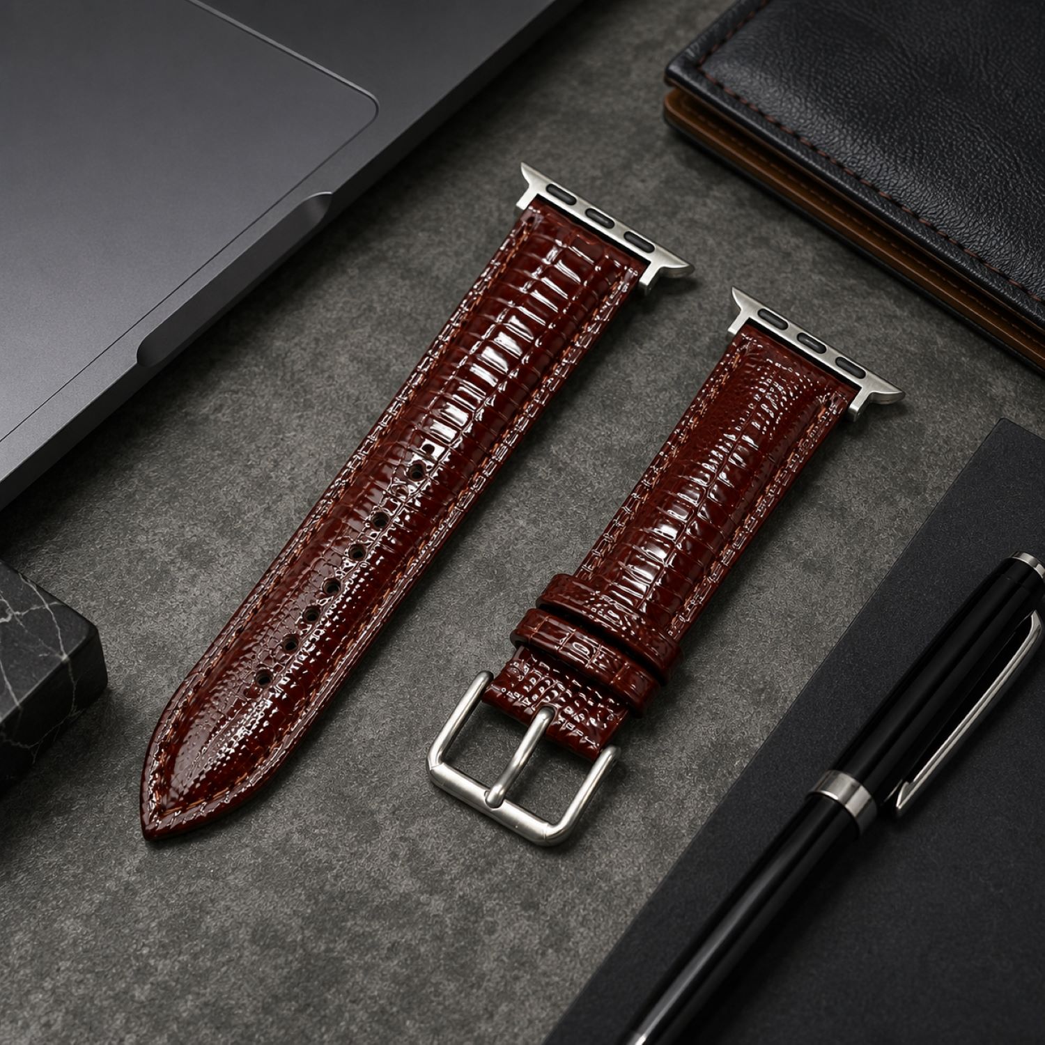 Replacement Lizard-Pattern Genuine Leather Watch Band with Tang Buckle Compatible with Apple Watch 38mm photo 2