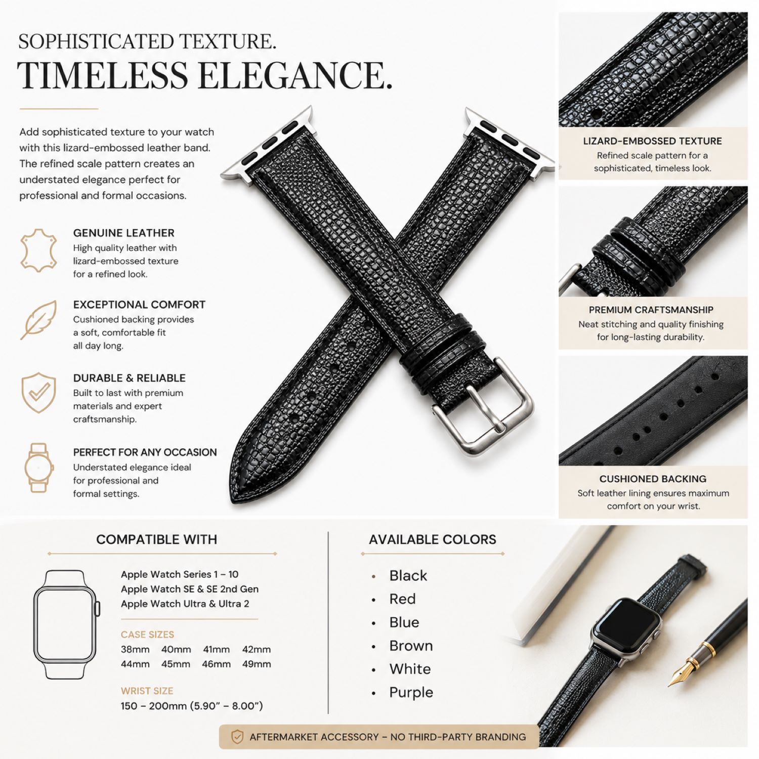 Replacement Lizard-Pattern Genuine Leather Watch Band with Tang Buckle Compatible with Apple Watch 38mm photo 4