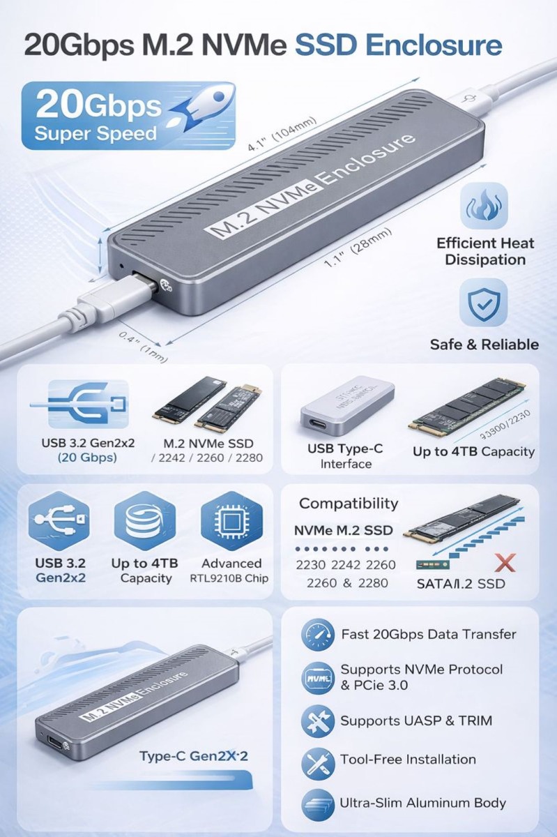 20Gbps M.2 Enclosure Compatible with NVMe SSD, USB Type-C External Solid State Drive Case, USB 3.2 Gen2x2 Aluminum Portable SSD Housing, Supports UASP and TRIM, Up to 4TB — Sanoxy product image