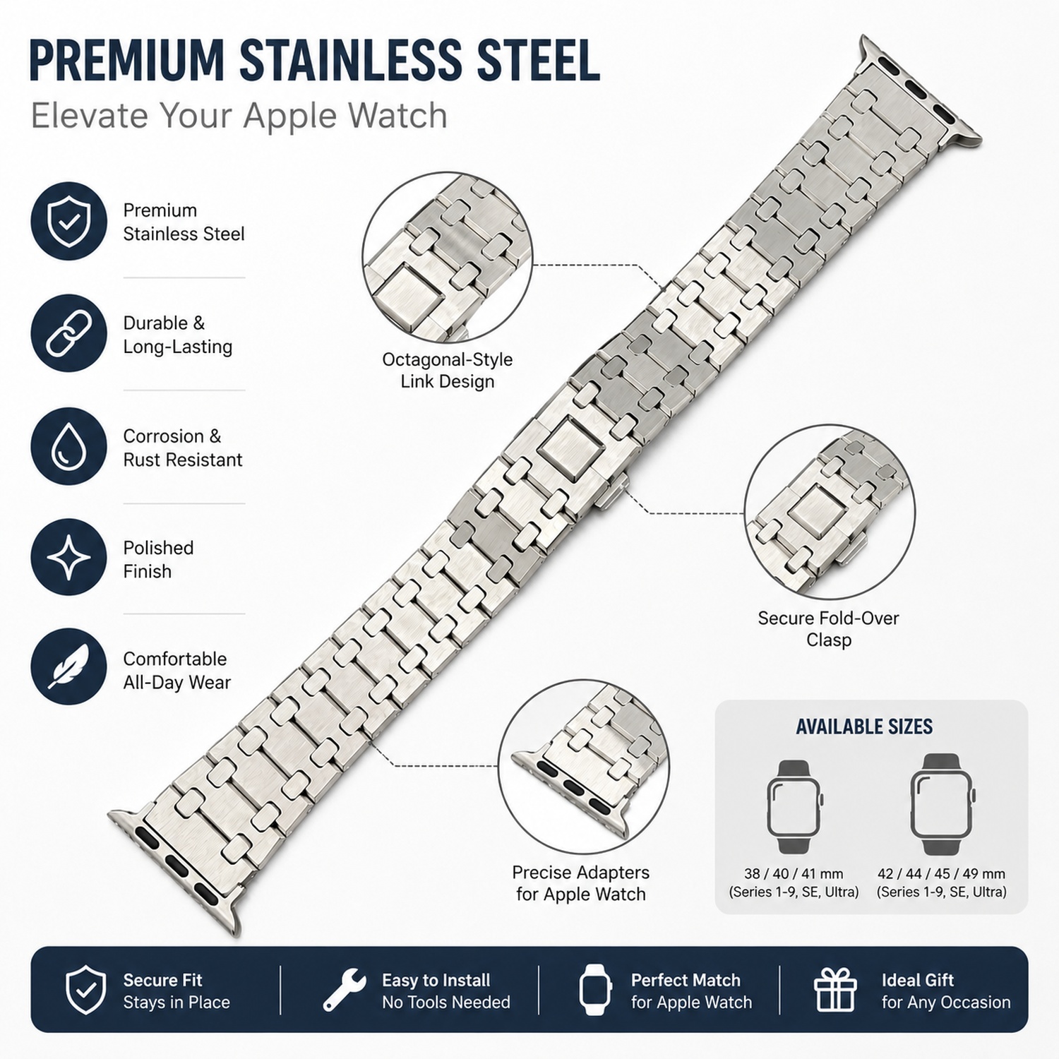 Stainless Steel Watch Replacement Band Compatible with Apple Watch 38mm, Silver photo 5