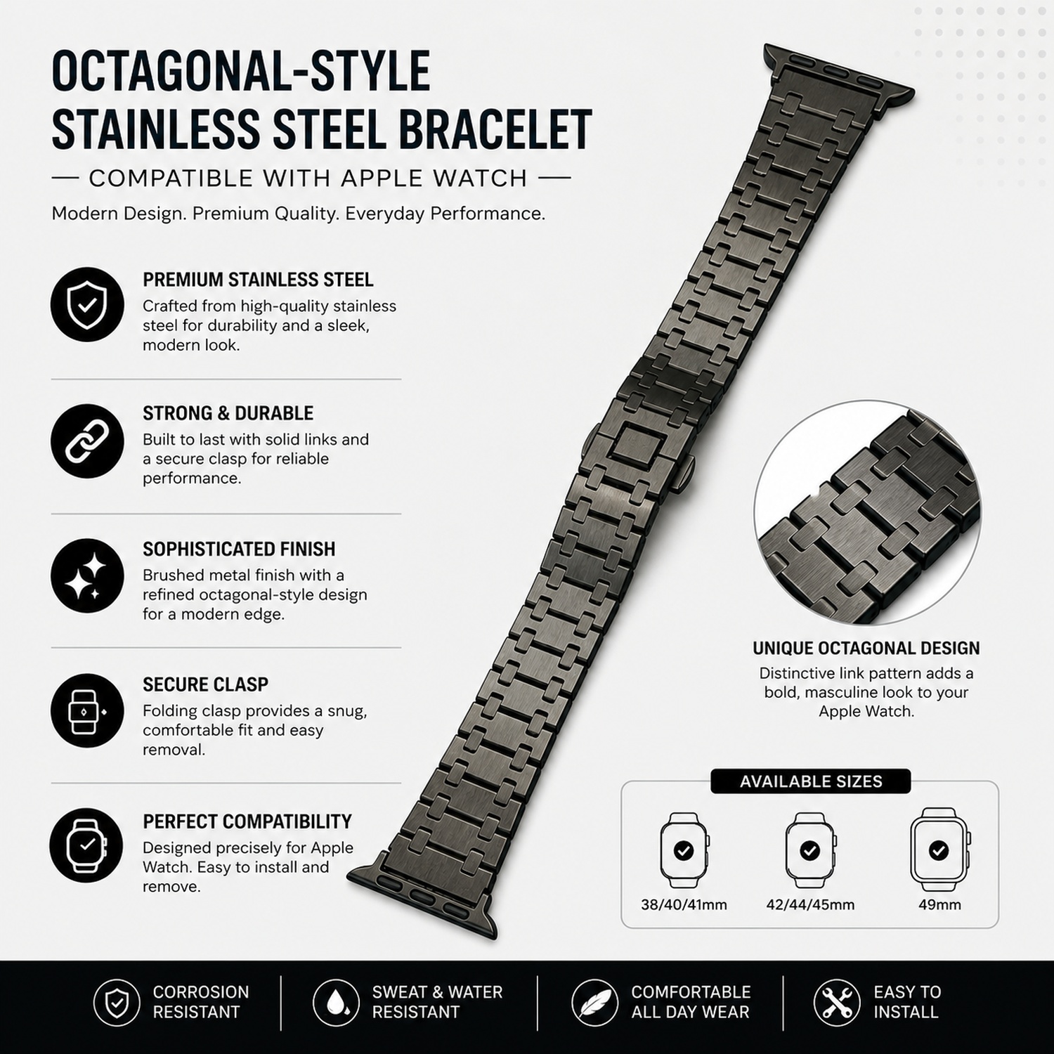 Octagonal-Style Stainless Steel Replacement Band Compatible with Apple Watch 38mm, Black photo 5