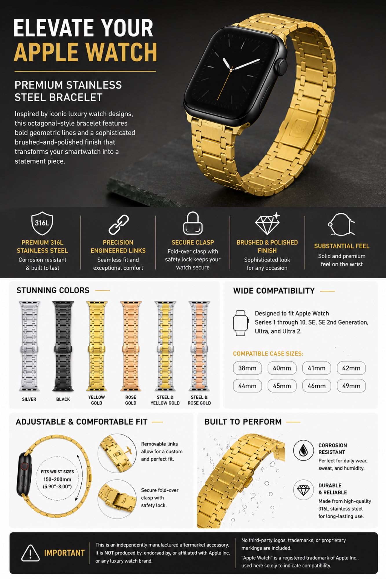 Octagonal-Style Stainless Steel Replacement Band Compatible with Apple Watch 38mm, Yellow Gold photo 5